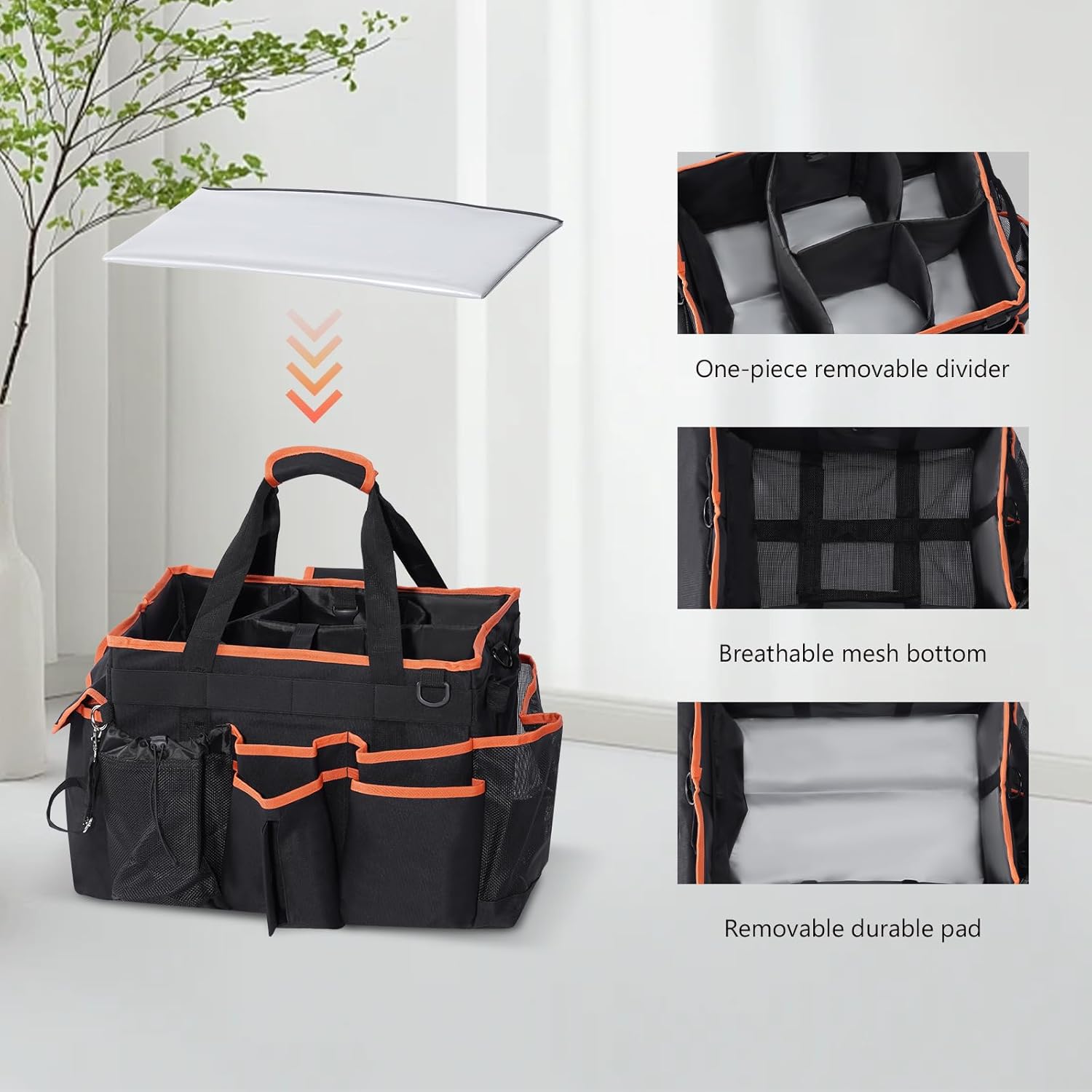 Puricon Cleaning Caddy with Wheels, Professional Portable Rolling Cleaning Supplies Bag with Detachable Trolley Large Cleaning Cart with Handle and Shoulder Strap for Housekeeping -Blackorange