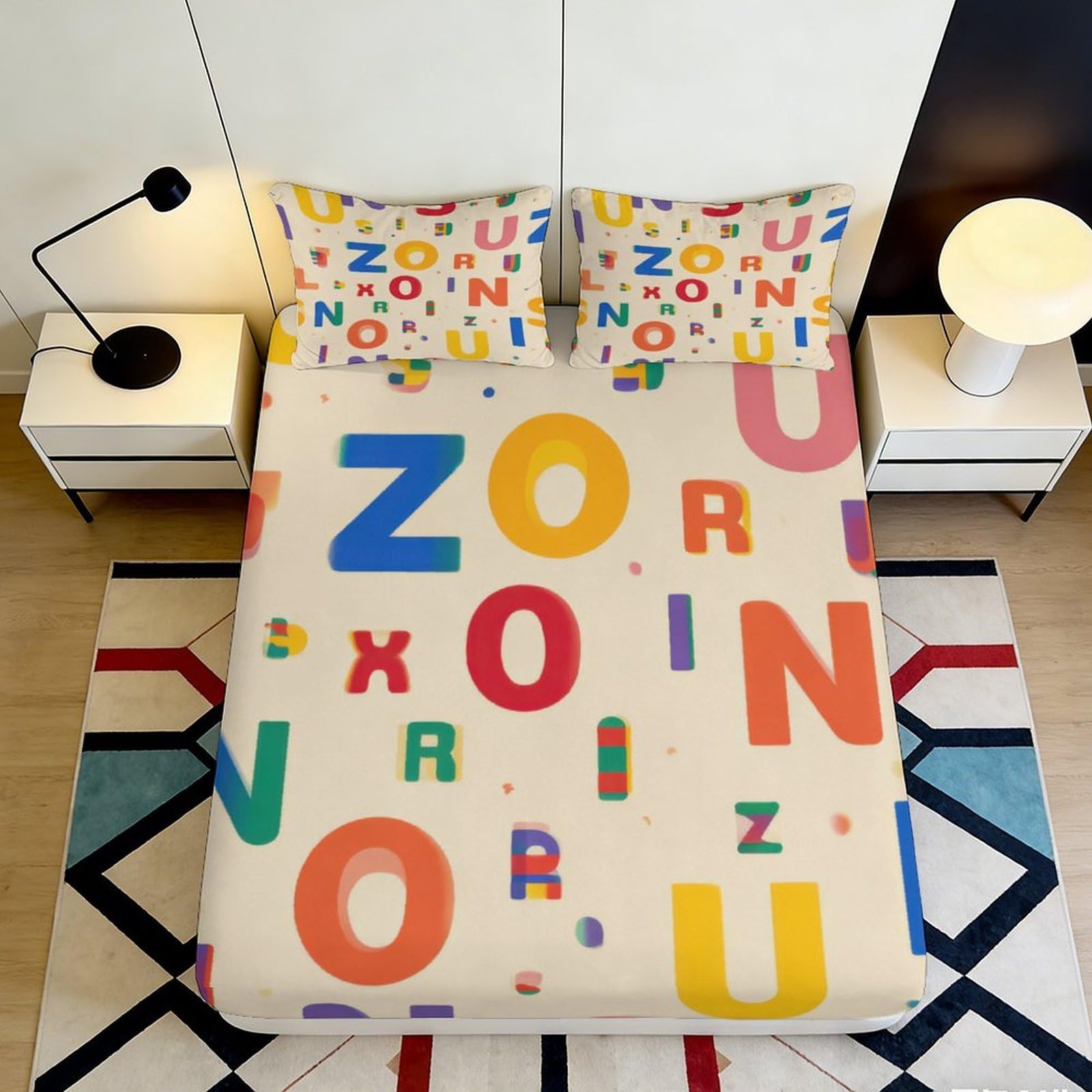 3D Printed Colorful Alphabet Fitted Sheet Microfiber Soft Bed Cover for Bedroom Dorm Mattress Protection Decor 90x200x25cm