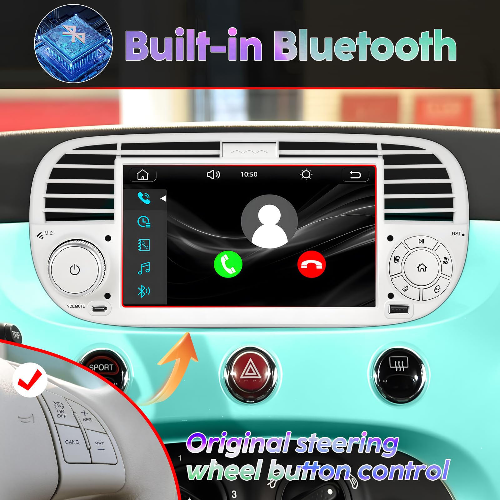 Autoradio con Sistema Linux e schermo IPS da 7 pollici, compatibile con Fiat 500 (2007-2015)| CarPlay & Android Auto wireless integrati | Supporta AM/FM/RDS | con DSP/USB/Bluetooth/Microfono Bianco