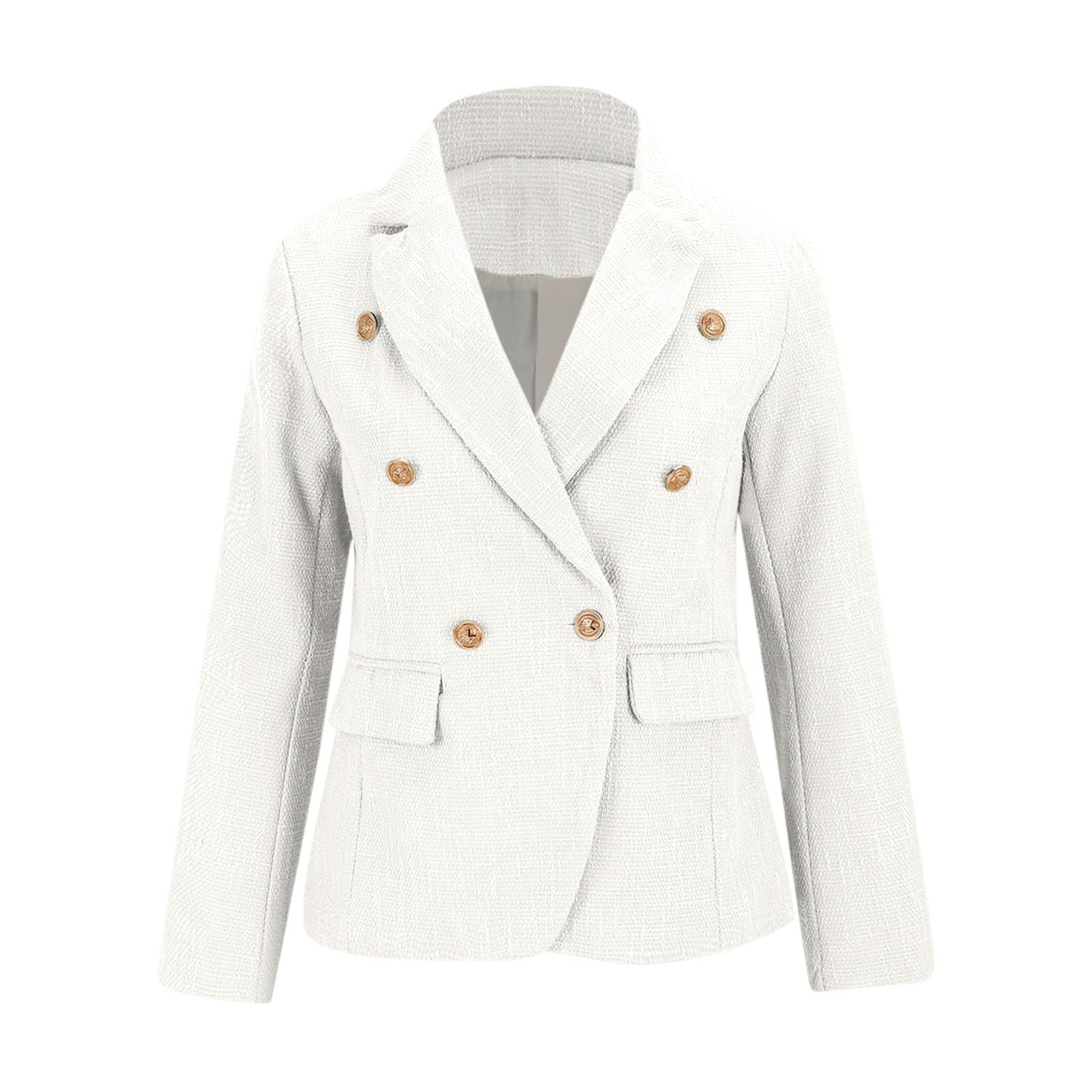 Giacca da ufficio da donna in tweed testurizzato, a maniche lunghe, con risvolto, tasca | Ampio colletto con risvolto, bottoni dorati a doppio petto, tasche con patta, abbigliamento casual da ufficio
