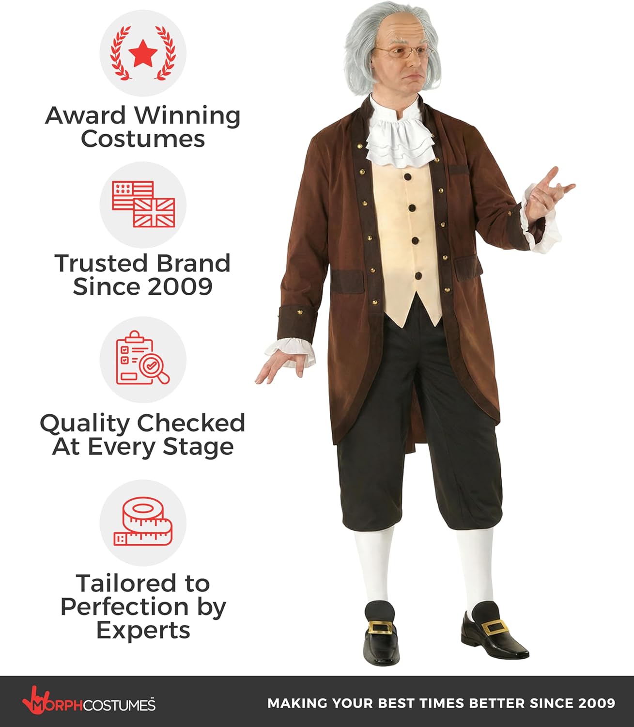 Morph Benjamin Franklin Costume With Wig, Founding Fathers Costume Adult, Ben Franklin Costumes, Adult Colonial Costume