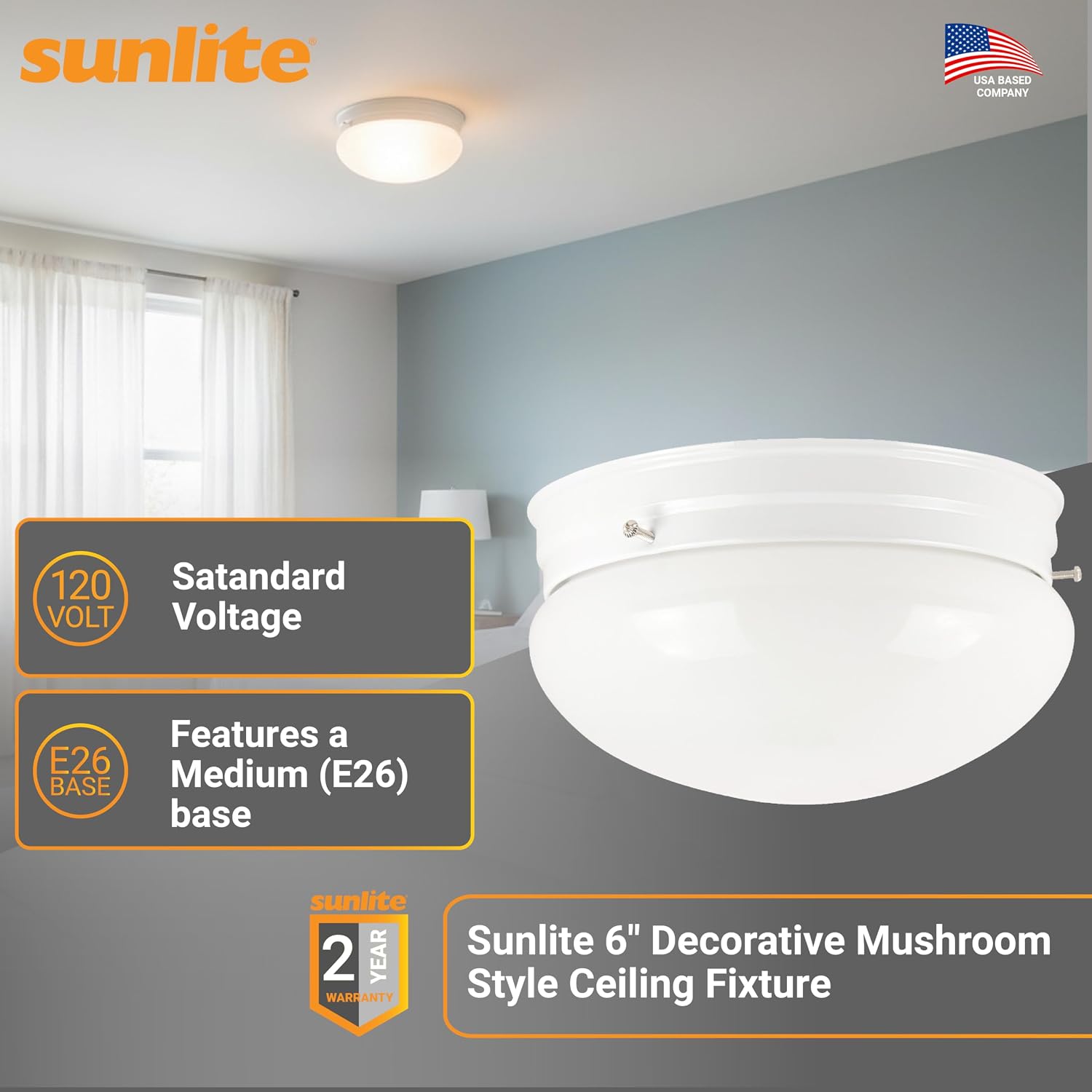 Sunlite 04490 6-Inch Decorative Mushroom Style Ceiling Fixture, 60 Max Wattage, Medium Base Socket (E26), UL Listed, White, for Hallways, Entryways & Residential Use