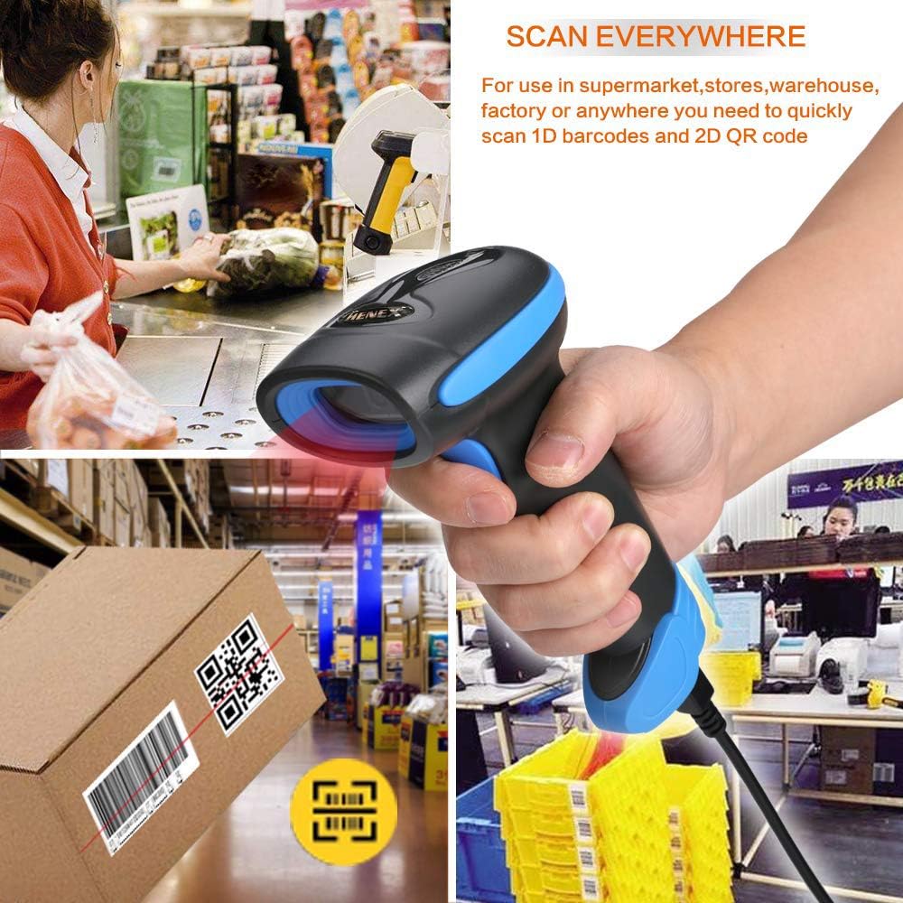 HENEX HC-3208R Barcode Scanner next to a battery icon, showing charging time, continuous scanning time, and standby time.