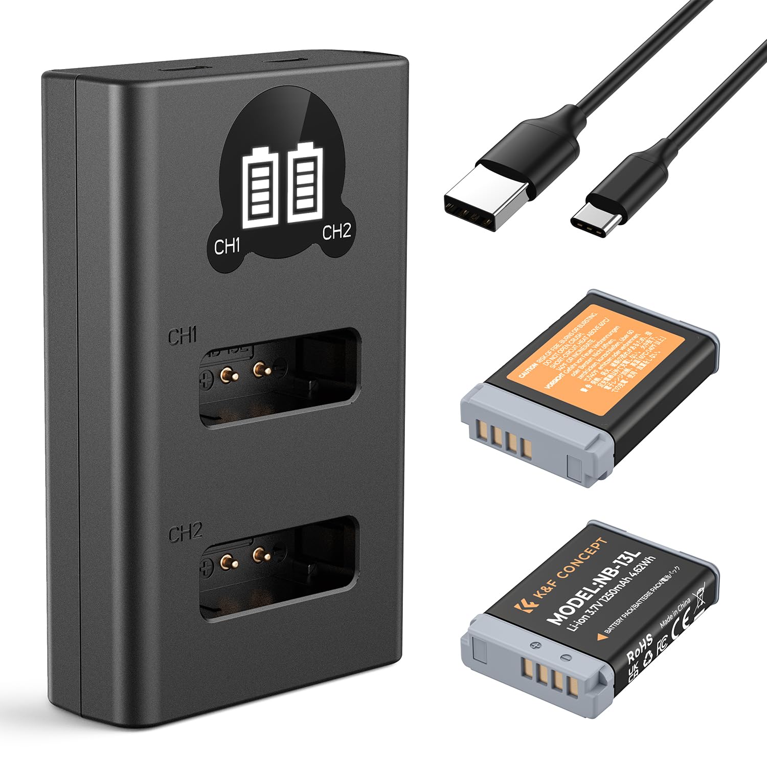 K&F CONCEPT NB-13L Batterie de Remplacement 2-Pack avec Chargeur LCD Dual Slot, Compatible avec Canon EOS G7X3/G7X2/G9X/G5X/SX720HS Cameras etc.