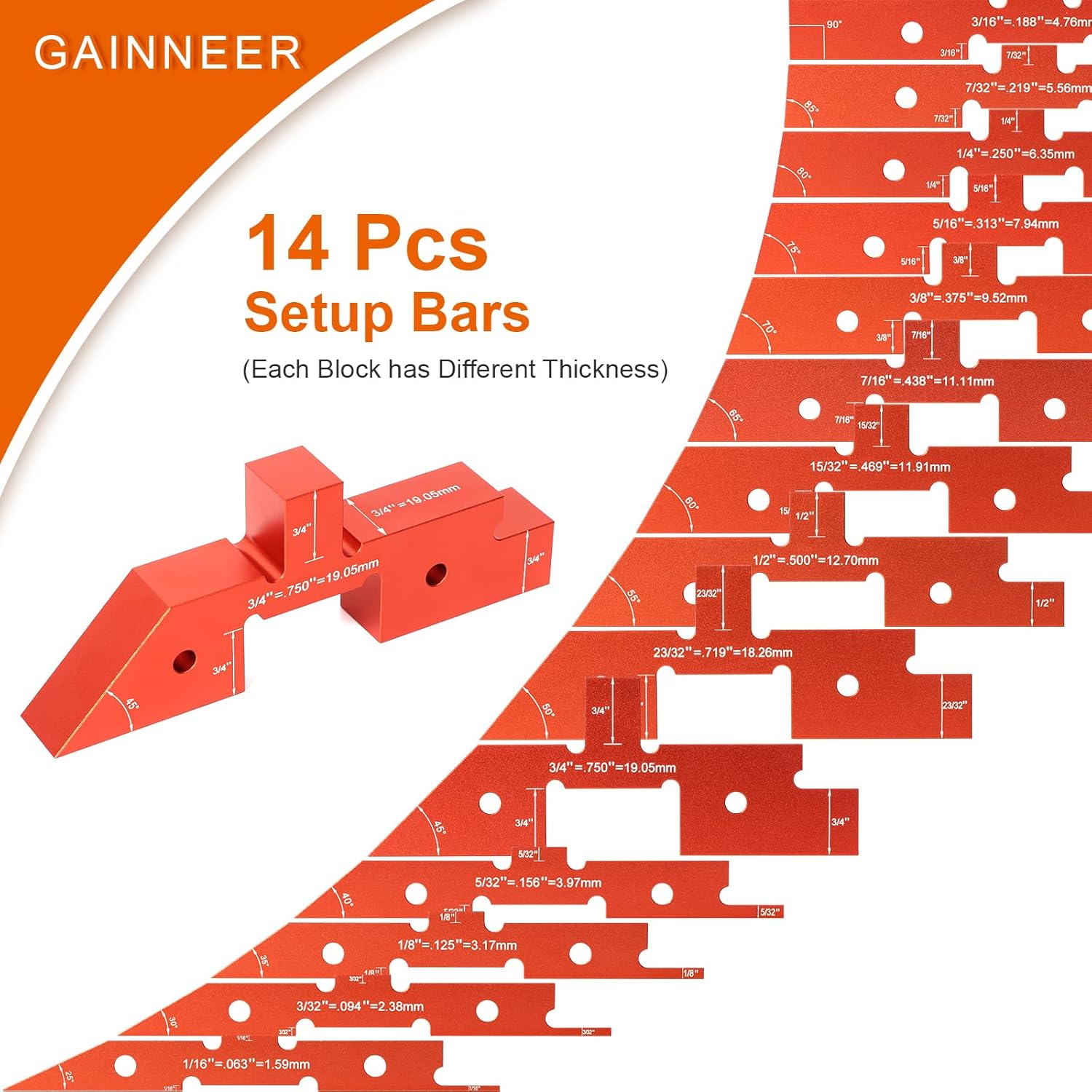 Router Table Setup Bars - 14 Pcs Precision Woodworking Height, Depth & Angle Gauge for Table Saws, All Aluminum Alloy & Each in Different Thickness