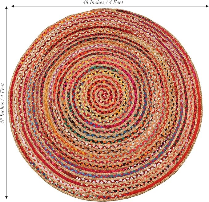 Alfombras redondas de yute natural y algodón multicolor trenzadas hechas a mano, alfombra para decoración del hogar, redonda de 60 cm x 60 cm (2 x 2 pies)