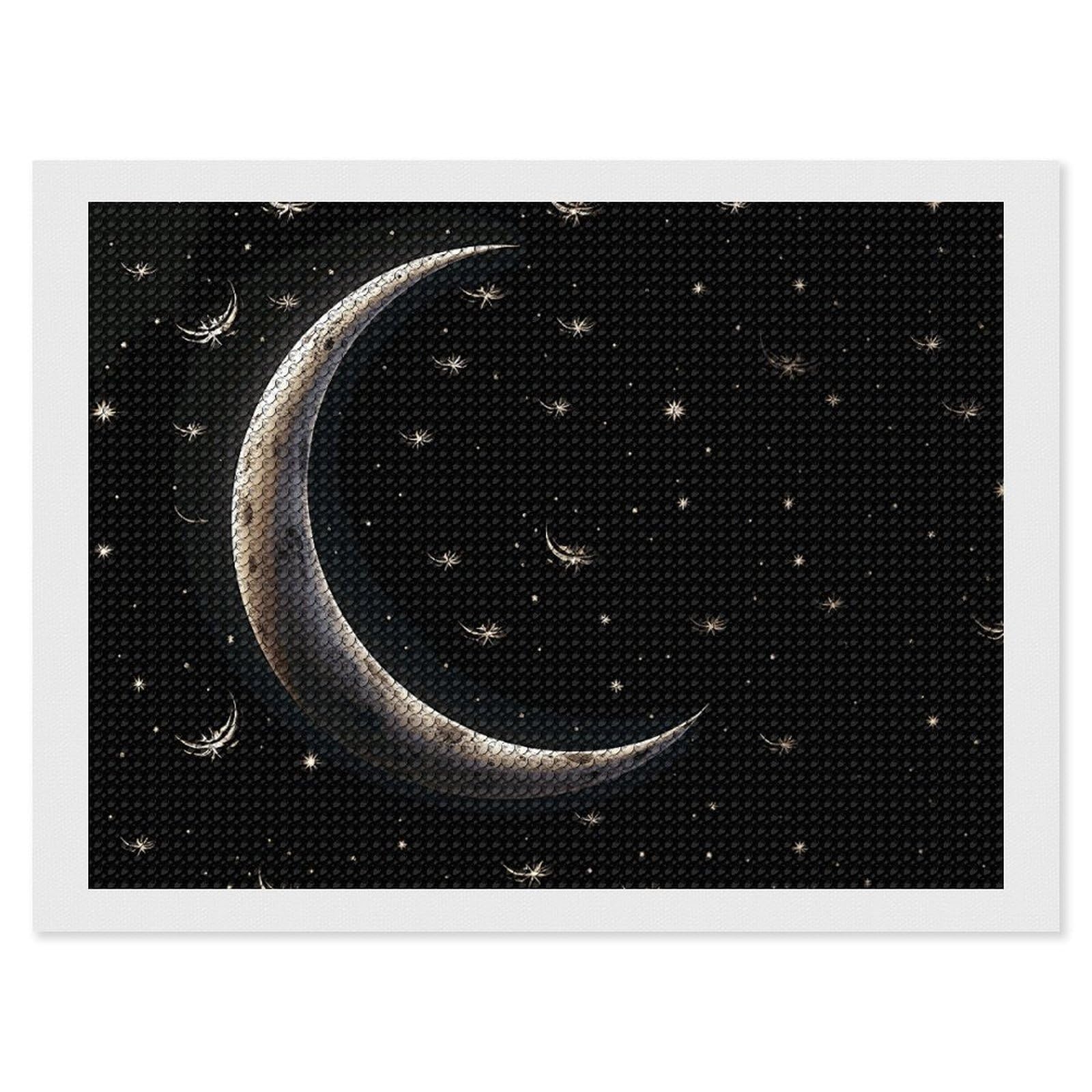 Crescent Moon on Black Background Diamond Art Kits for Adults, DIY 5D Diamonds Painting Kits for Beginner, Round Full Drill Diamond Dots Painting, 12"x16" Diamonds Pictures Gem Art And Crafts Wall Dec