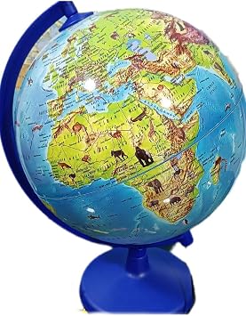 Dünya Küresi Işıksız Hayvan Figürlü 20 Cm Çap,31 Cm Yükseklik Eğitici Dekoratif Yer Küre Atlas, Mavi