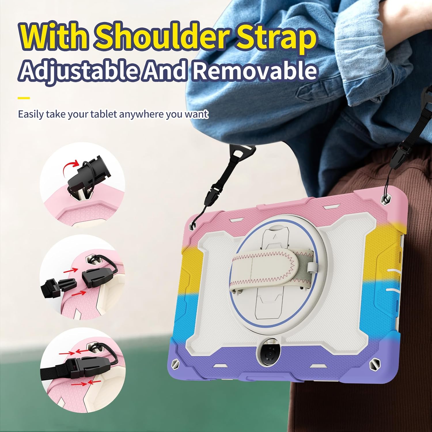 Tablet Case for Honor Pad 9 12.1", Kids Rainbow Heavy Duty Silicone Shockproof Case with Pencil Holder, Shoulder Strap, Rotating Fold Kickstand, Hand Strap