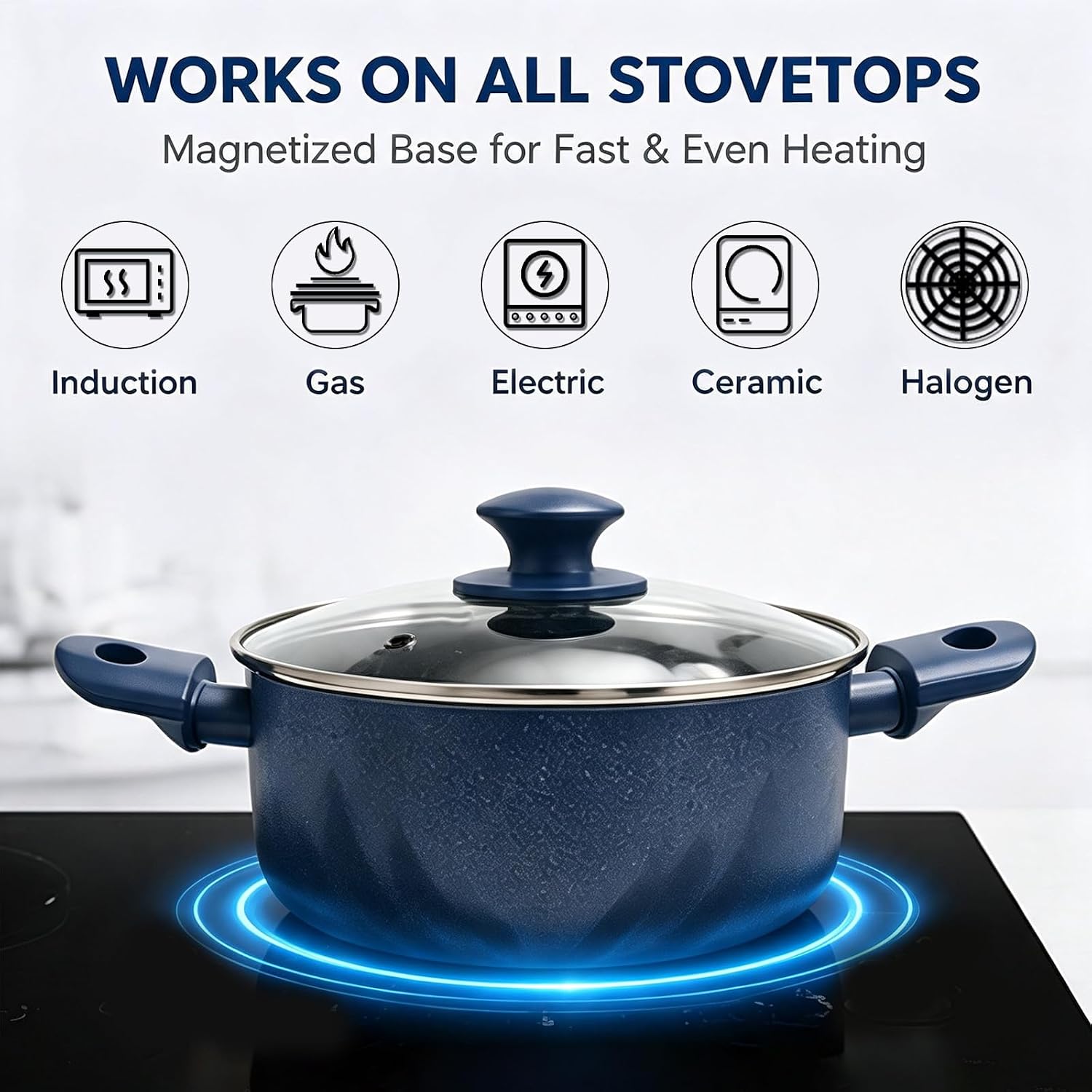 Non-Stick Saucepan with Glass Lid, 20 cm (3.32 quart) Granite Non-Stick Coating, Recycled Aluminium, Soft Touch Handle,Suitable for All Hobs Including Induction (Navy Blue)