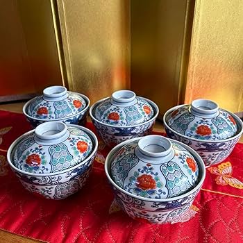 Amazon.co.jp: 有田焼 幸 蓋付き丼ぶり 多様丼 蓋付き腕揃 5客 牡丹