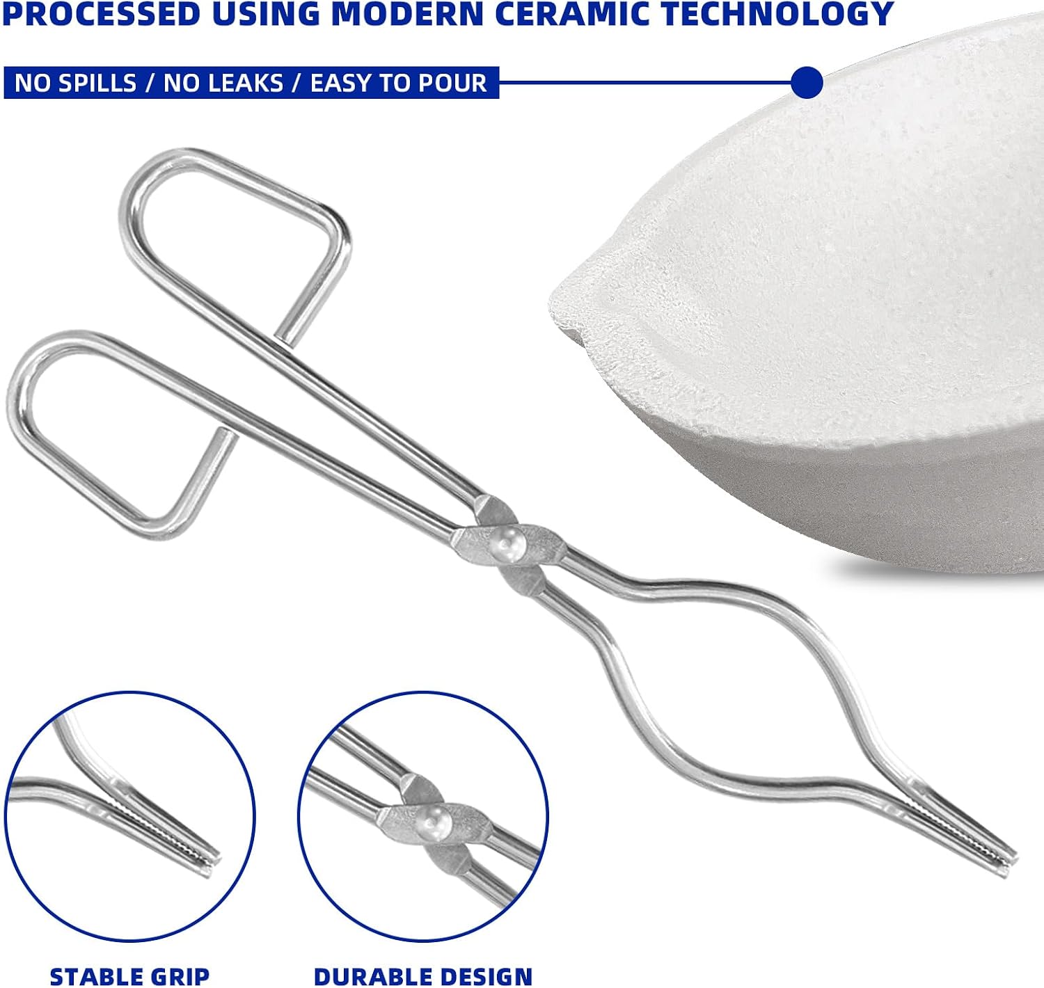 6 Pack Ceramic Crucible Bowl with 7.87" Crucible Tong, 1000g/500g/250g/150g/100g Quartz Ceramic Crucible Melting Dishes Pot for Casting Refining Torch Melt Jewelry Gold Silver Brass Alloy