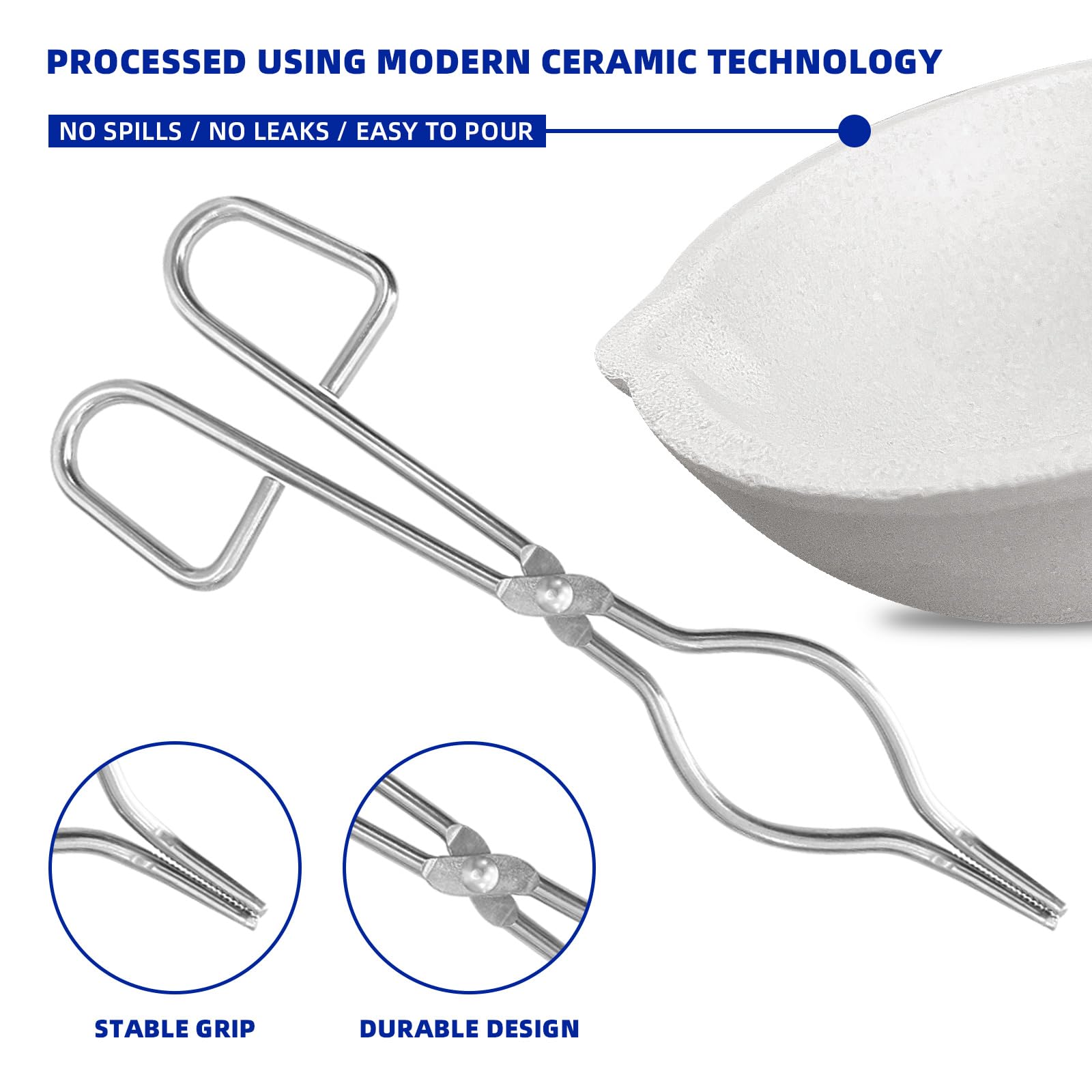 5 ciotole per crogiolo in ceramica con pinza per crogiolo da 20 cm, in quarzo e ceramica, per fusione, raffinazione, torcia, gioielli in lega di ottone, 100 g/150 g/250 g/500 g/1000 g