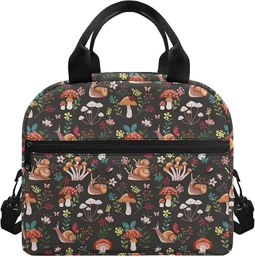Buybai Bolsas de almuerzo aisladas, reutilizables, para picnic, con estampado de hongos, bolsas de almuerzo con correa extraíble