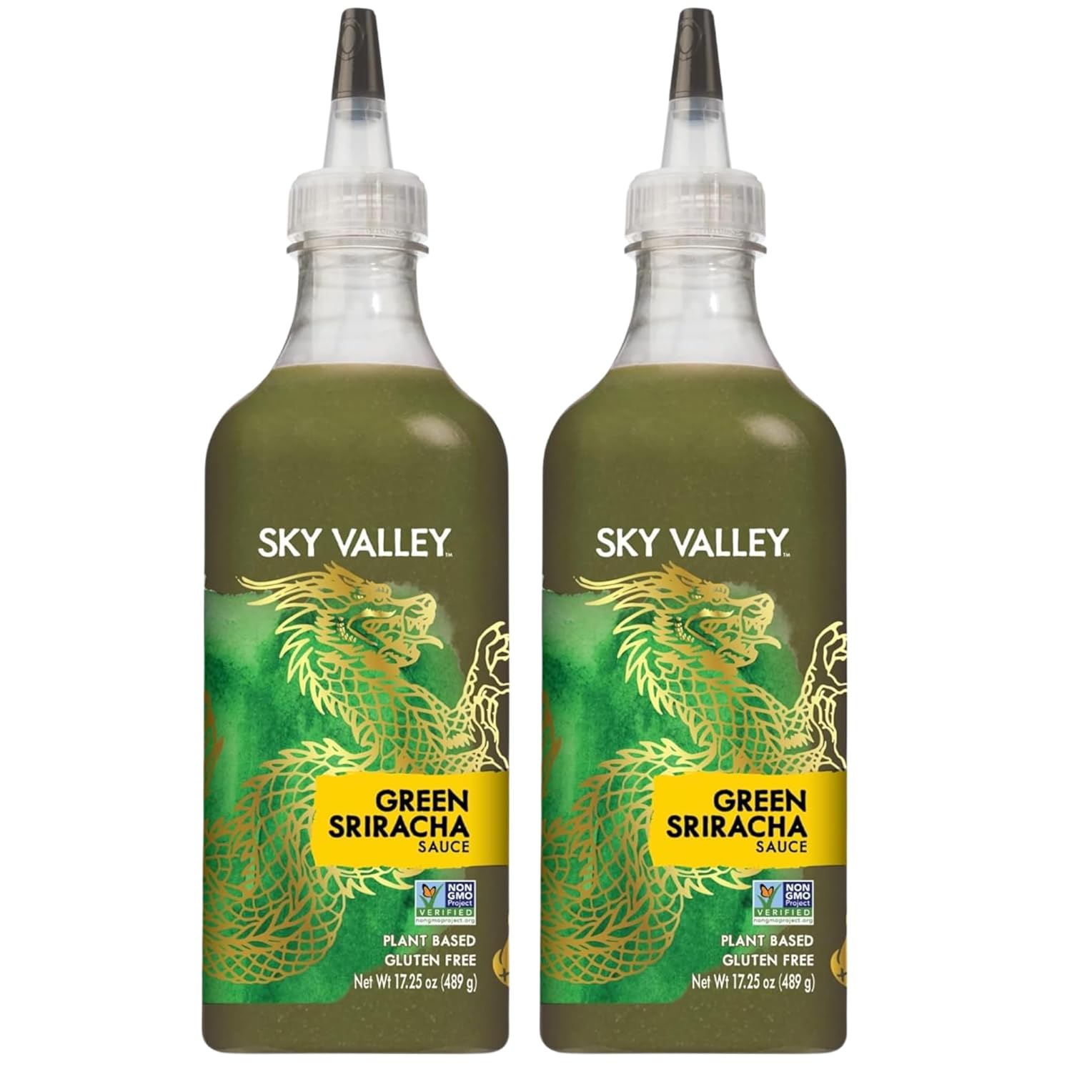 Sky Valley Green Sriracha Sauce - Spicy Green Sriracha Hot Sauce, Lime, Jalapeno Pepper, Cilantro, Plant Based, Vegan - 17.25 Oz Each, (Pack of 2)