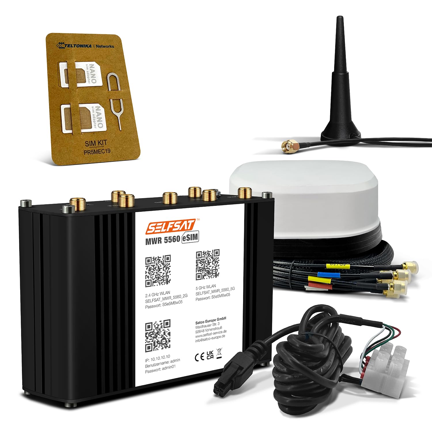 SELFSAT MWR 5560 eSIM 5G Cat 19 WLAN Router bis 3,4 Gbps inkl. SATCO 5G Antenne weiß
