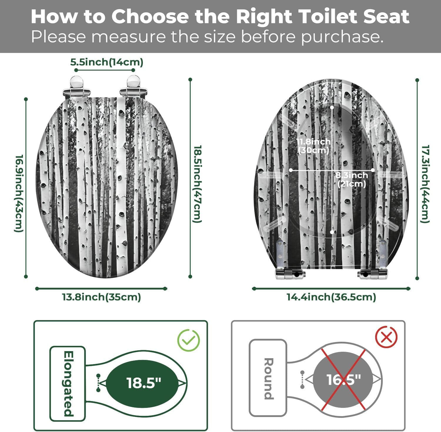 Elongated Toilet Seat Black White Birch Tree Forest Textured Bark Resin Toilet Seat with Quietly Close Quick Release Hinges Decorative Toilet Seat with Cover Easy to Clean and Install