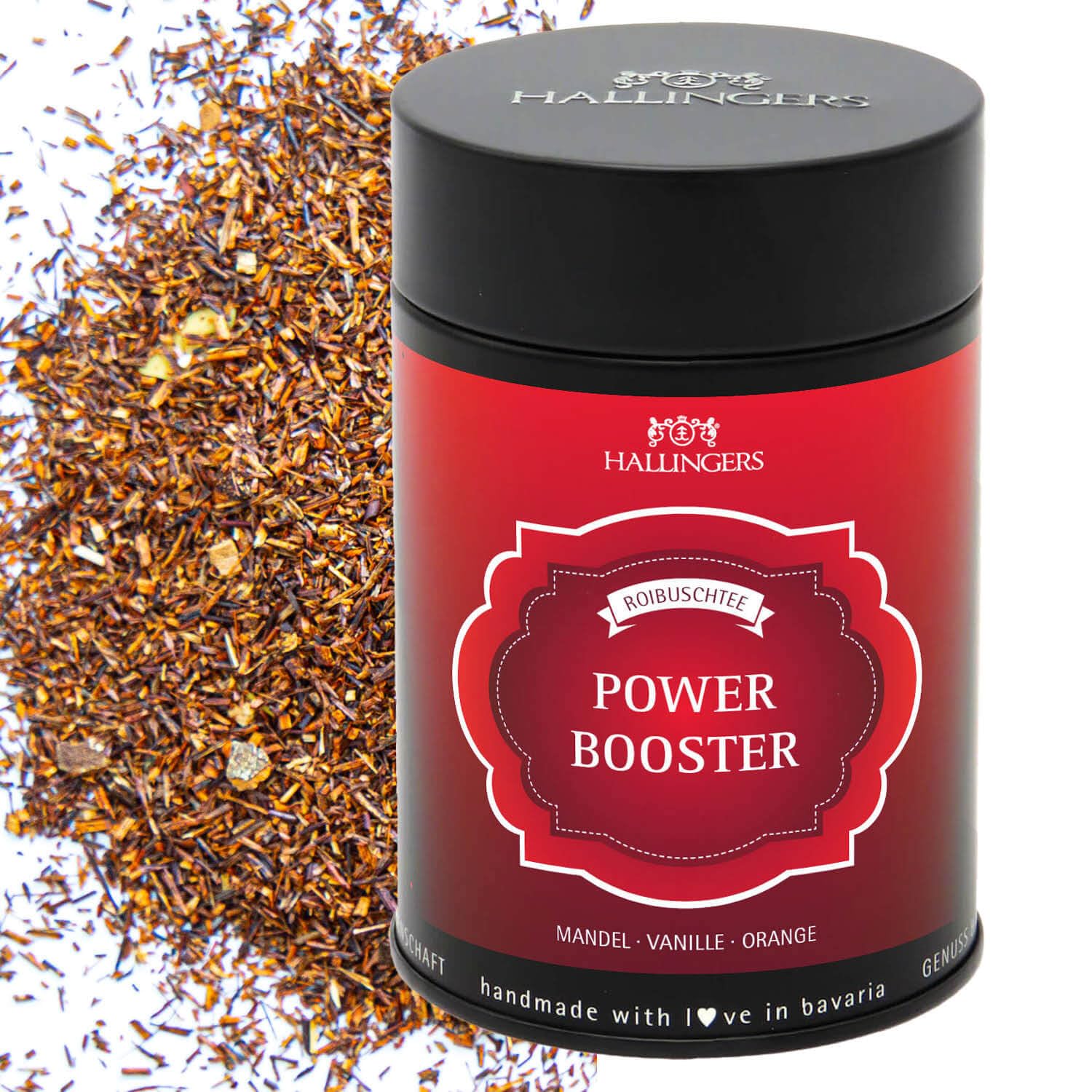 Hallingers Genuss Manufaktur Roibusch Tee Geschenk - loser Rooibos-Tee, Rotbusch wertige Geschenk-Dose "Power Booster" mit Orange, Zimt & Vanille, Geschenkidee für Frauen Männer