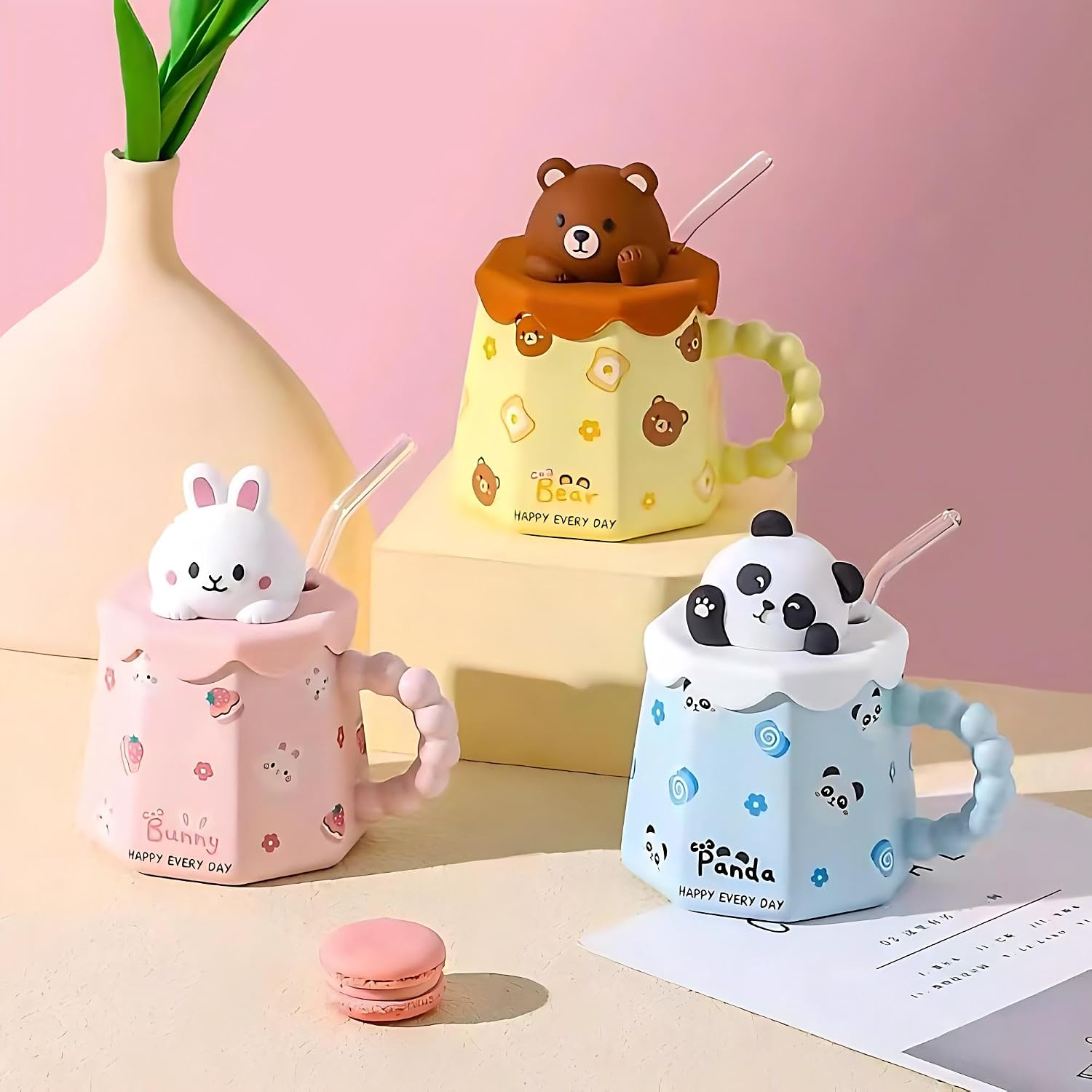 14 Oz Kawaii Ceramic Tea Coffee Cup Mugs w/Straw Animal Stuff -Blue - Panda image 5