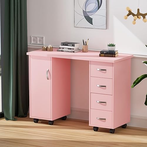 Miniatura 8 de Mesa de manicura para uñas con gabinete, cajones, ruedas y reposabrazos, salón de belleza, hogar, estación de trabajo de técnico de madera, equipo