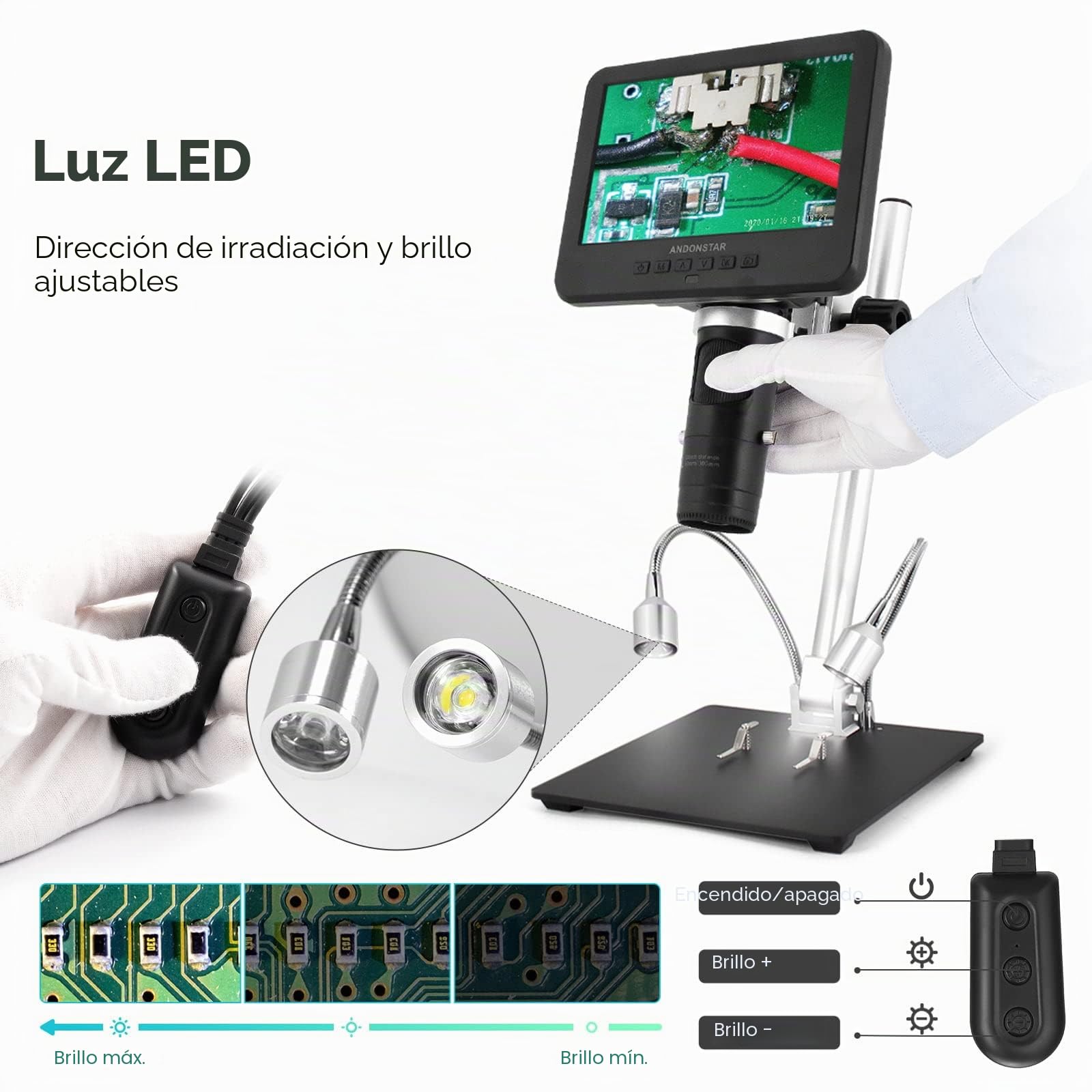 Andonstar AD246-M Microscopio Digital para Adultos, Microscopio de Soldadura de 3 Lentes, grabación de vídeo FHD 1080P, LCD de 7 Pulgadas 500x, Kit de microscopio biológico con Tarjeta 32G