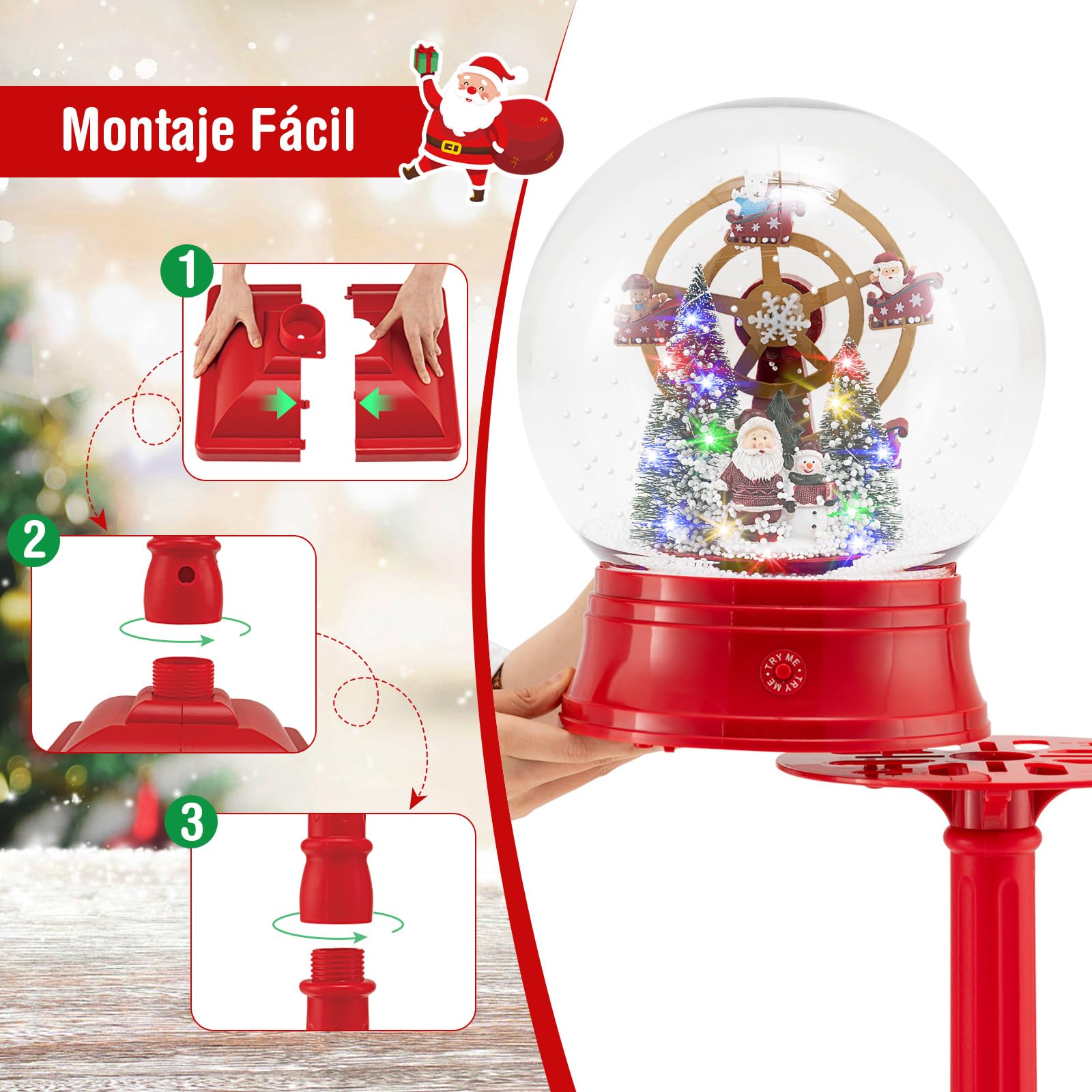 COSTWAY Farola Navideña Musical de 153 cm, Lámpara Globo de Nieve con 8 Tonos, Escena Giratoria, 15 Luces LED Coloridas, Adornos de Navidad de Lámpara de Pie para Entrada, Chimenea, Impermeable