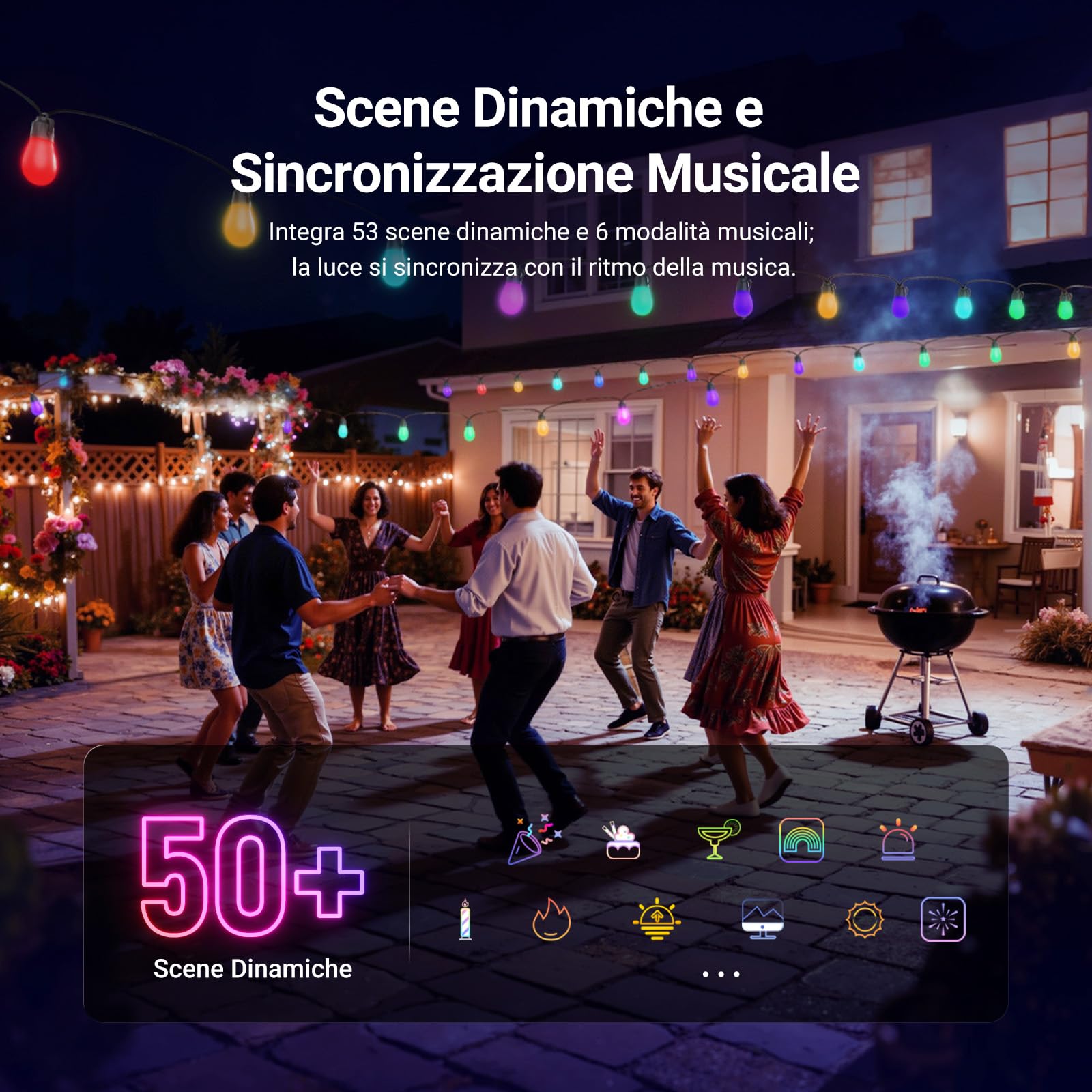 NEEWER Catena Luminosa per Esterni 30m, Controllo App Smart AI RGB IC W, Bianco Caldo IP65 Impermeabili Luci Giardino Patio Balcone, 30 Lampadine LED/50+ Scene, Compatibile con Alexa Google, NR01