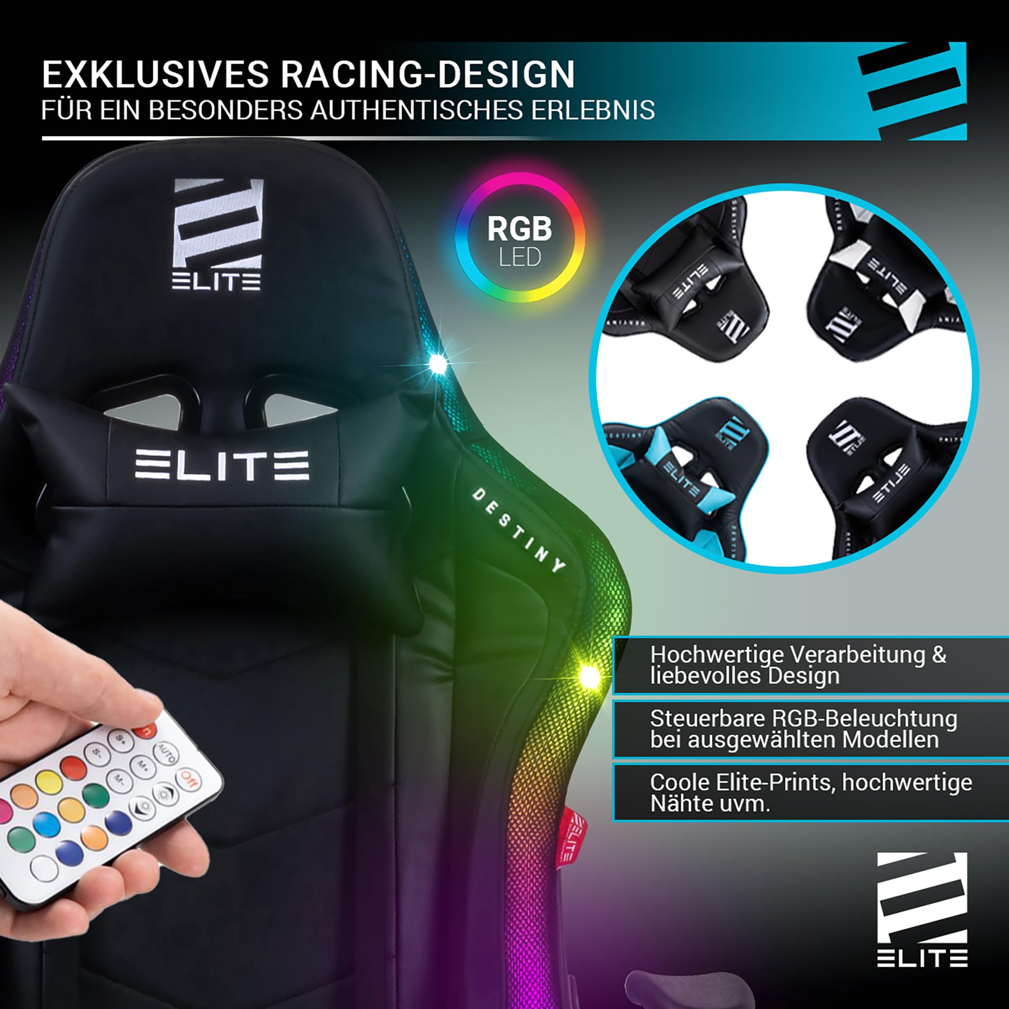 ELITE Gaming Stuhl MG200 Destiny | Ergonomischer Bürostuhl - Schreibtischstuhl - Chefsessel - Sessel - Racing Gaming-Stuhl - Gamingstuhl - Drehstuhl - Chair - Kunstleder Sportsitz (Schwarz/Weiß)