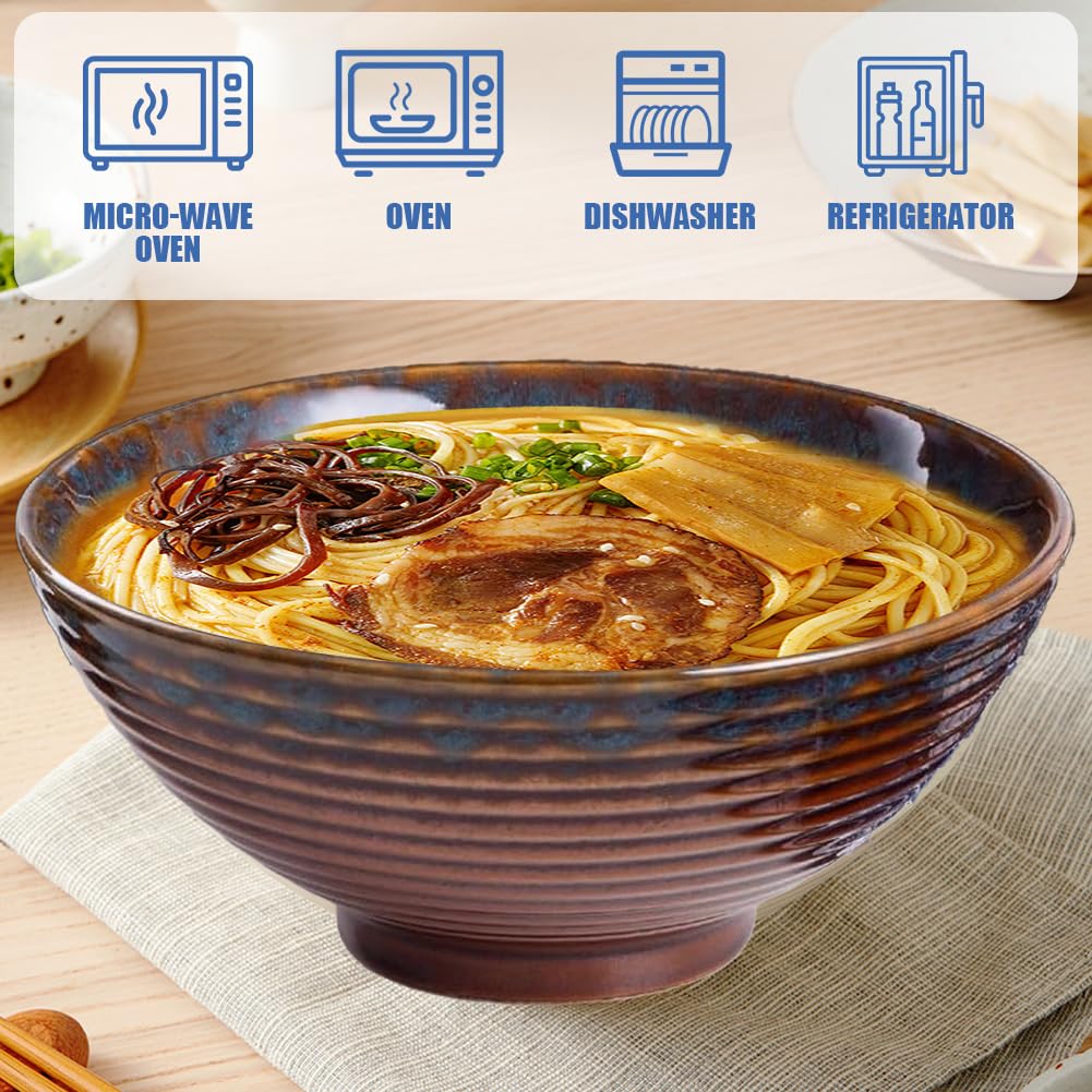 Lot de 2 bols à ramen en céramique 1200 ml avec baguettes et cuillère | Lot de 2 bols à ramen en céramique de 1200 ml avec baguettes et cuillères, parfaits pour ramen, soupe, salade et poke bowls.