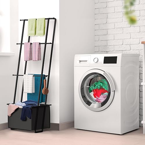 Miniatura 2 de Toallero de escalera para mantas con canasta, escalera inclinada de pared, toallero para mantas, estante de secado de mantas, escaleras de manta de