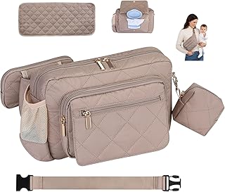 Rexmore Puffer Quilted Fanny Pack Diaper Bag for Mom - Women‘s Compact Crossbody Purse with Portable Changing Pad & Wipes Pouch, Travel & Quick Errand Baby Essentials Organizer(Khaki)