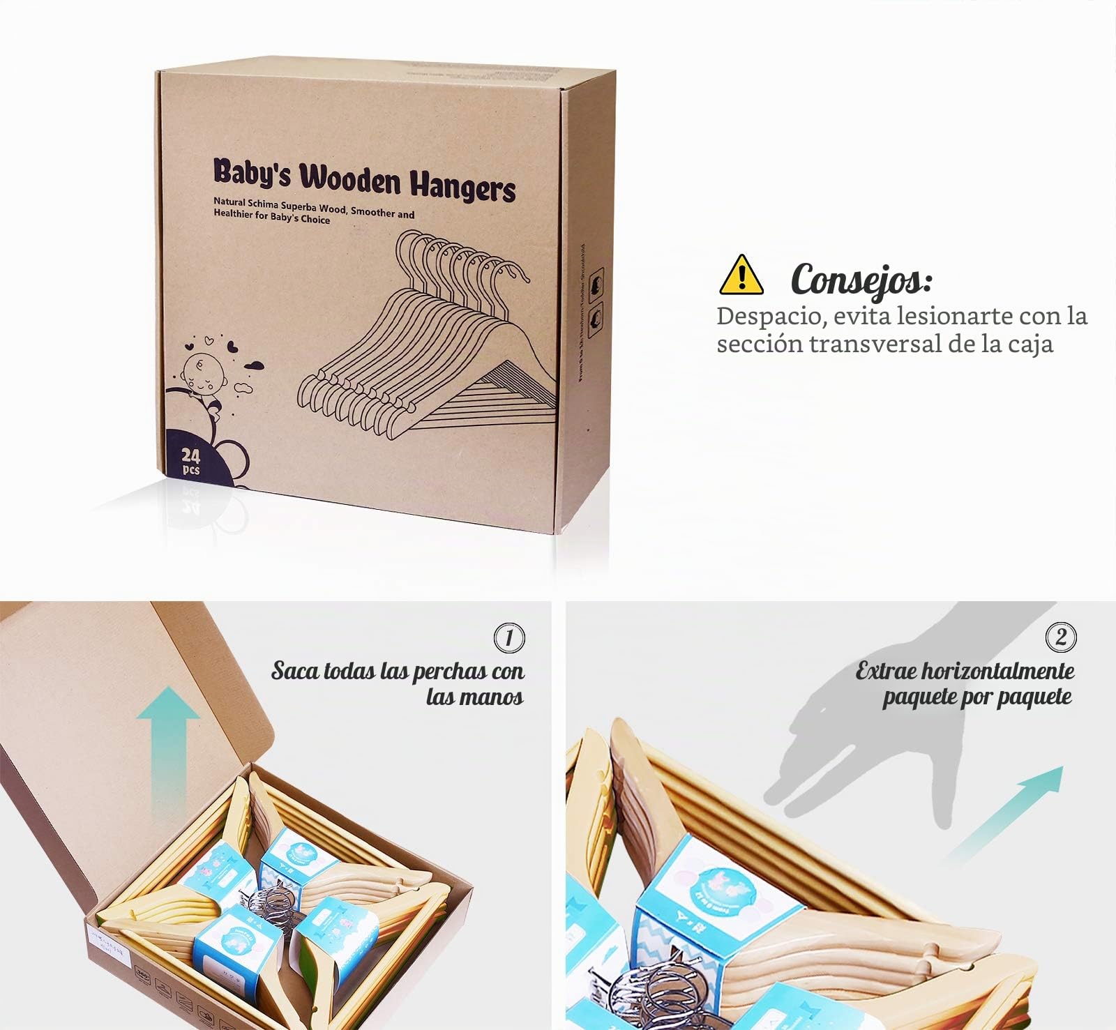 Homewit - Perchas de madera para niños. Set de 24 perchas de madera maciza de 30 cm (Schima superba) con ranuras en la zona de los hombros, gancho giratorio de 360 grados, para ropa de bebé y de niño