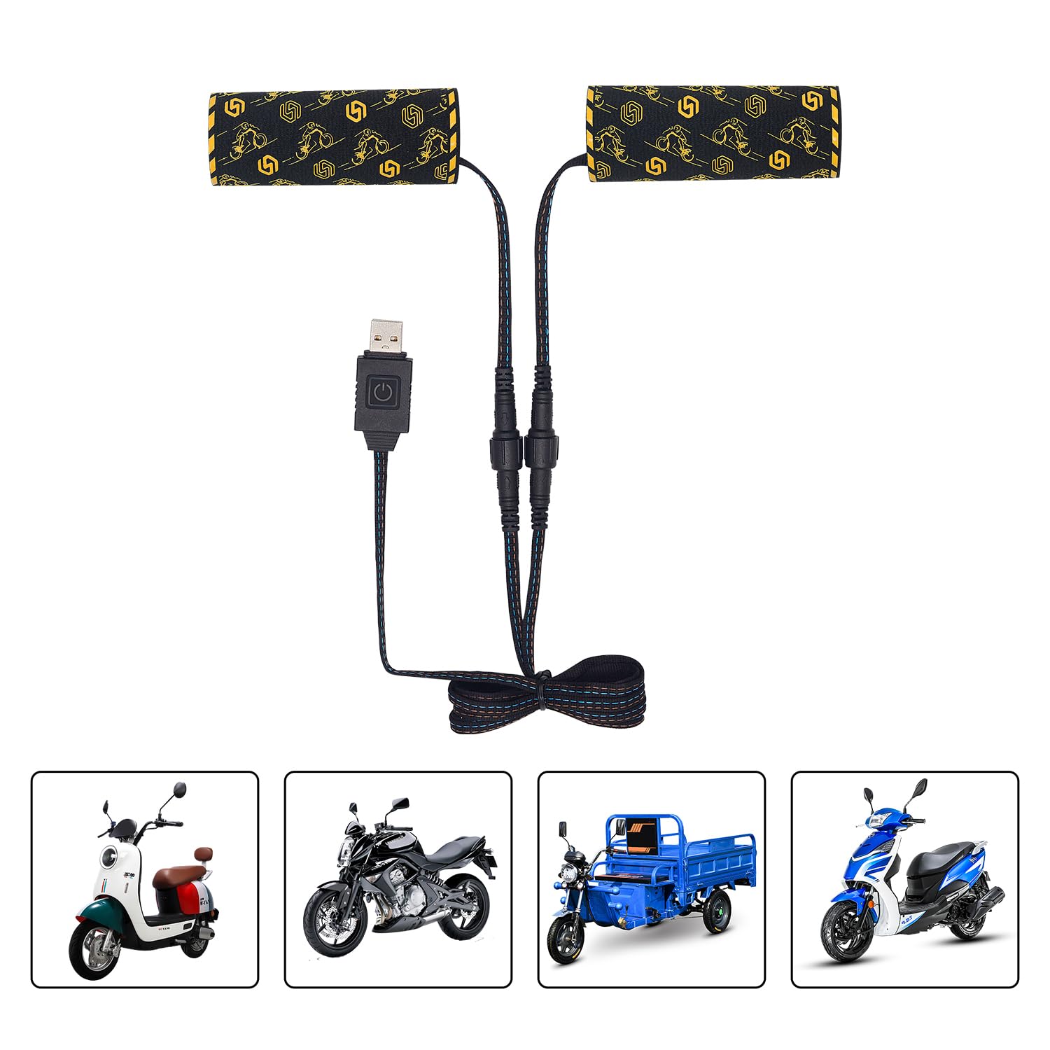 Ogrzewane uchwyty na kierownicę motocyklową USB 5 V z 6-stopniową regulacją temperatury i pamięcią, żółte podgrzewacze rąk z włókna aramidowego, z wodoodpornym przełącznikiem, mocowaniem