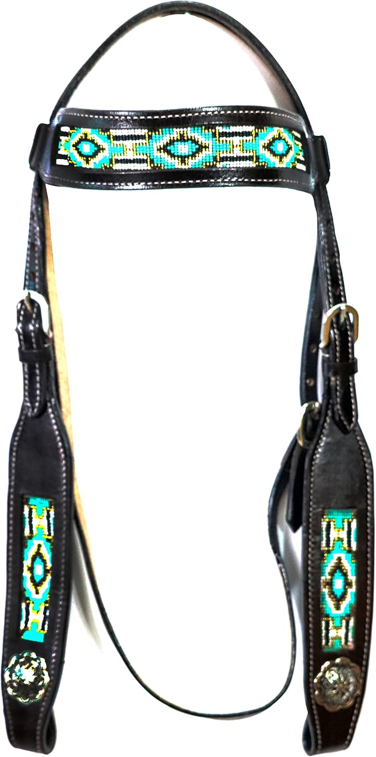 RAJ INTERNATIONAL 4 Piece Multi - Design Beaded Western Premium Leather Hand Carved Tooled Headstall, Breast Collar, Reins & Wither Straps Size Full (Full, Beaded_Style_01) : Sports & Outdoors