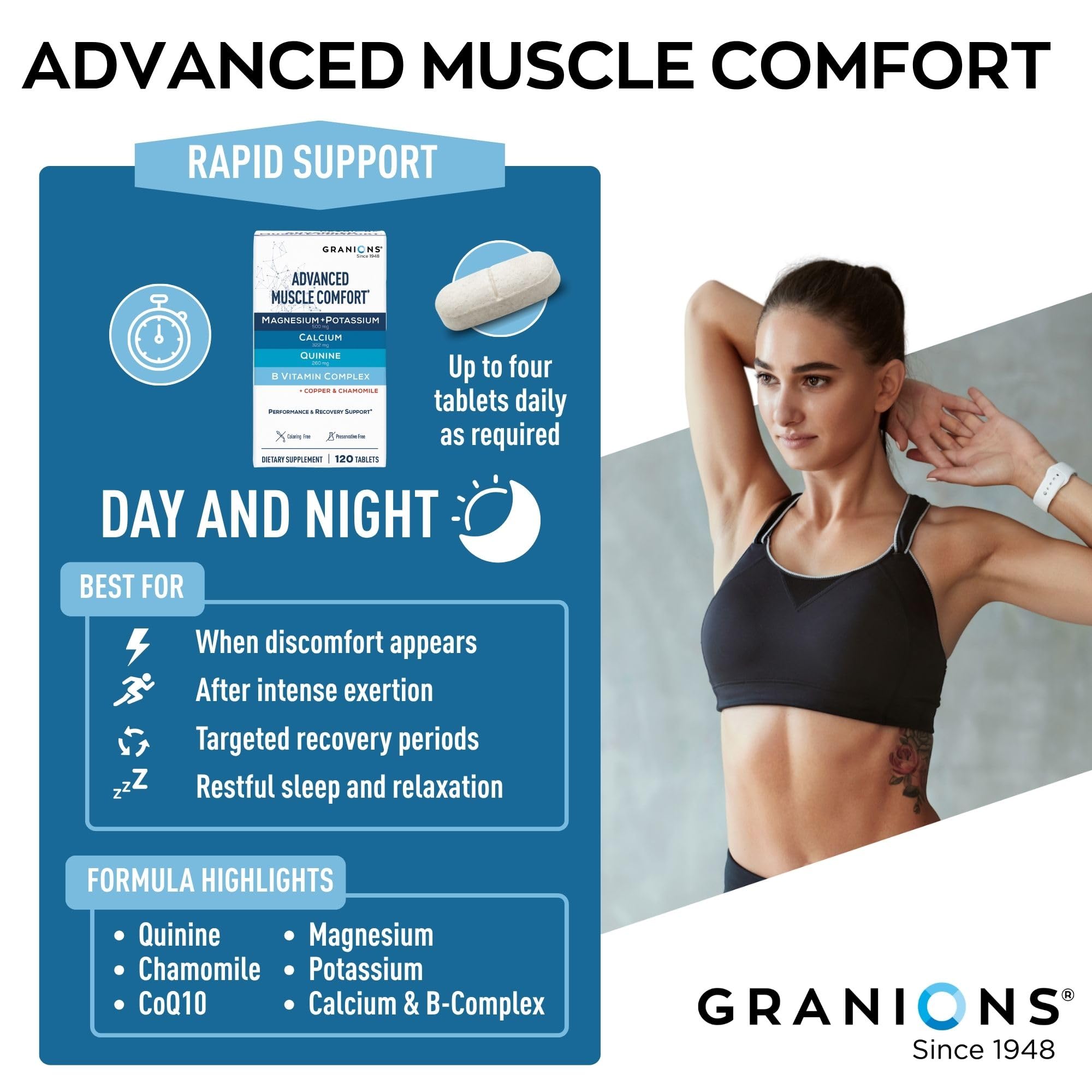 Granions Advanced Natural Muscle Relaxer Pills - 1,346mg Quinine, Magnesium, Potassium, B Vitamins, Chamomile, CoQ10 - Muscle Comfort Support, Immediate Relaxation and Comfort - 120 Tablet, 30 Serving — Amazon image 3