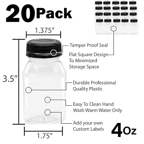 Miniatura 2 de Botellas Upper Midland para zumo, de plástico PET y vacías, paquete de 20 tarros para leche desechables transparentes, reutilizables, con embudo,