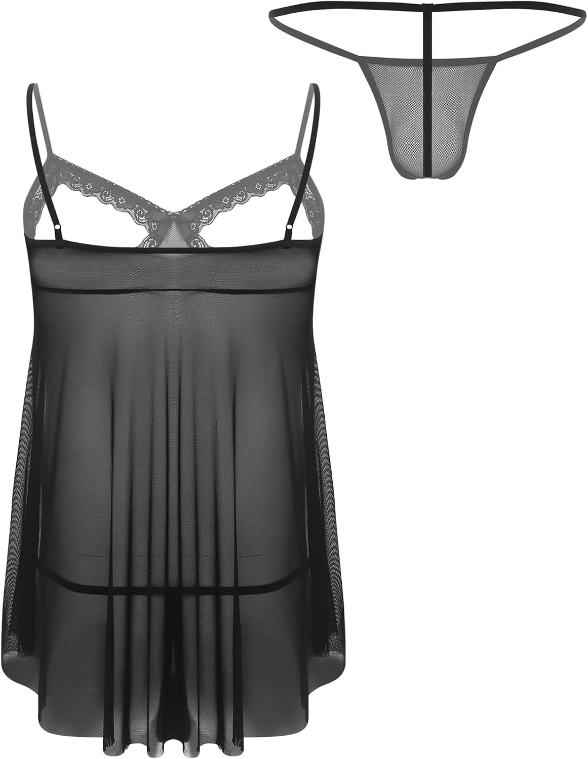 Men's Sheer Mesh Lingerie Set Nightwear Plus Size Lace Trim Open Breast Babydolls Dress