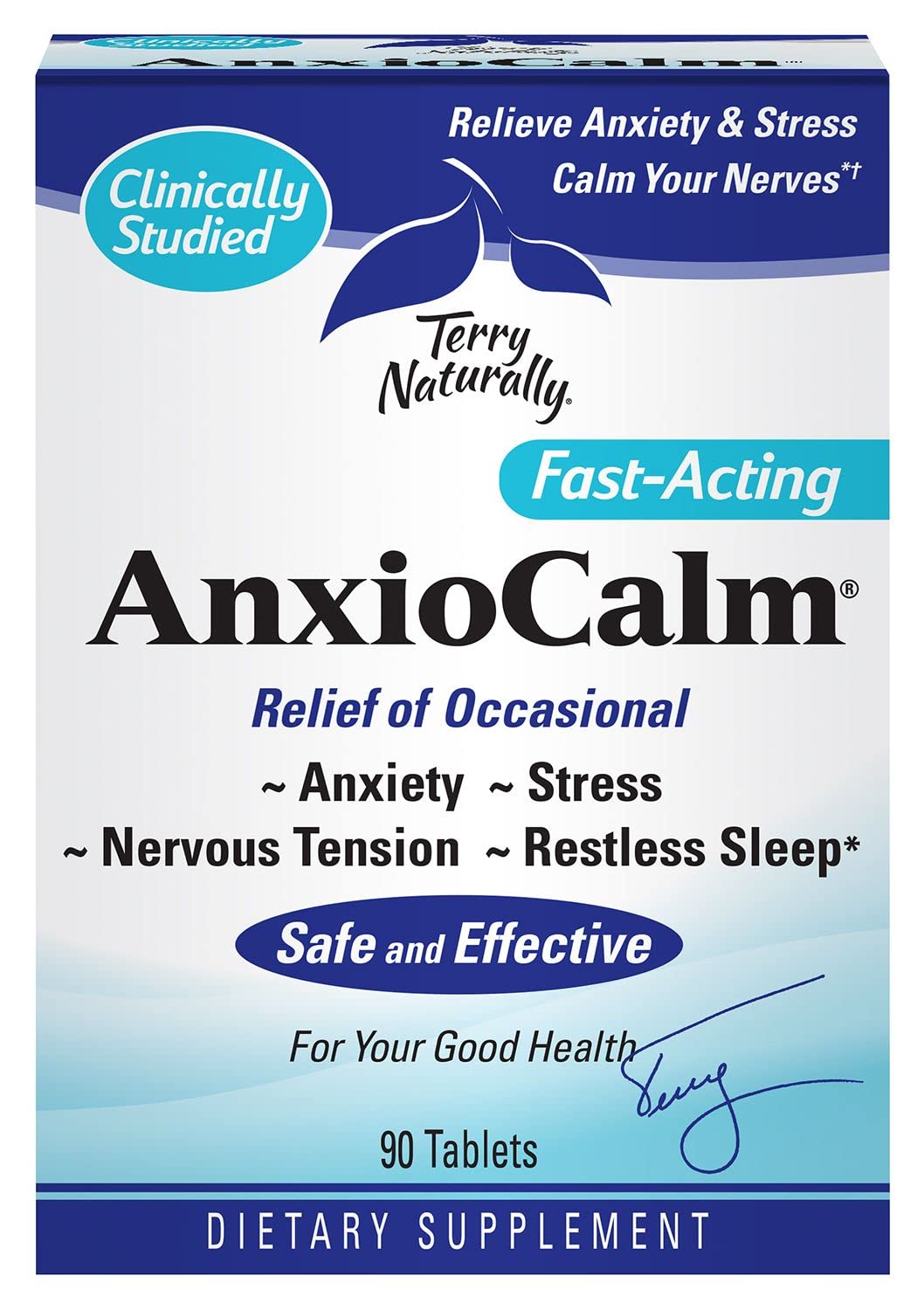 Terry Naturally AnxioCalm - 40 mg, 90 Tablets - Non-Addictive Anxiety & Stress Relief Supplement, Non-Drowsy, Worry, Restless Sleep - Non-GMO, Gluten-Free - 45 Servings