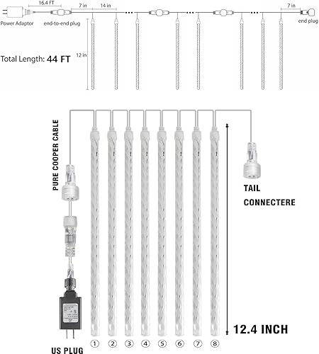 Miniatura 2 de Dazzle Bright 864 luces LED de Navidad, luces de lluvia de meteoritos de 11.8 pulgadas, 24 tubos, enchufe impermeable, luces de lluvia que caen,