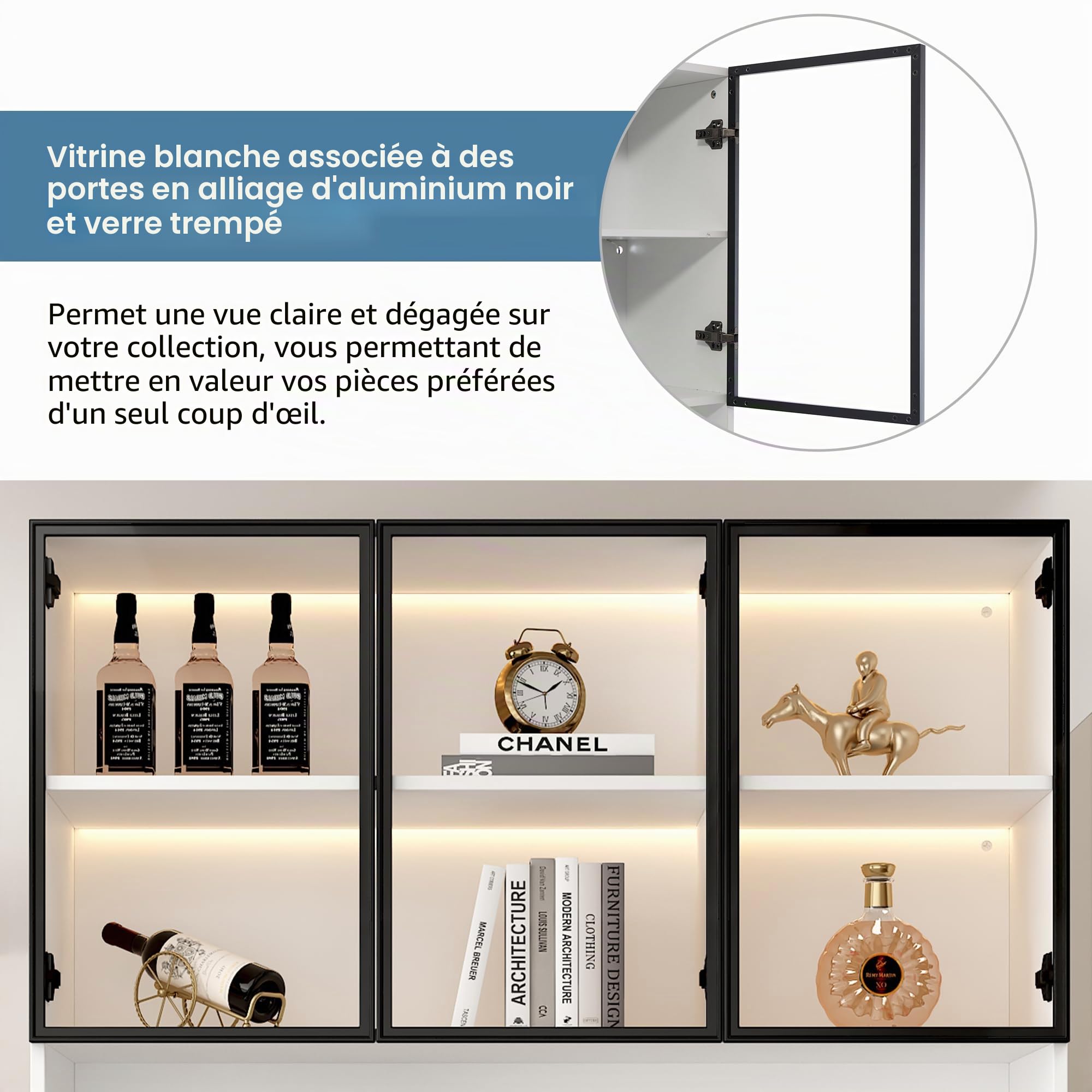 Sapgaks Armoire en Verre de 200 cm de Haut,vitrine Blanche avec lumières LED,bibliothèque de Rangement Multiple pour Collection,Chambre à Coucher,Bureau,Salon,Cadre de Porte Blanc Noir