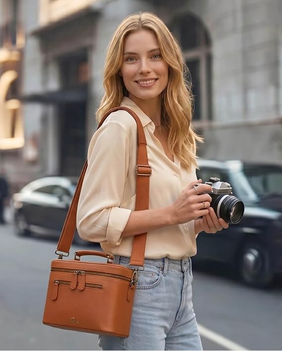 Camera Sling Bag, Waterproof PU Leather Crossbody Camera Case for Photographers, Small Shoulder Bag Compatible for Canon Nikon Sony (Brown)