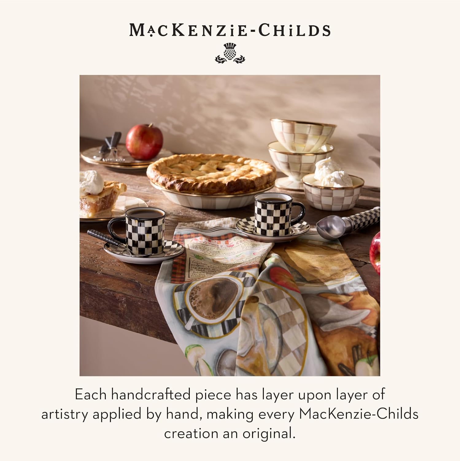 MACKENZIE-CHILDS Enamel Pinch Bowl, Small Bowl for Kitchen Ingredients, 1.5-Cup Capacity, Brown-and-White Mocha Check