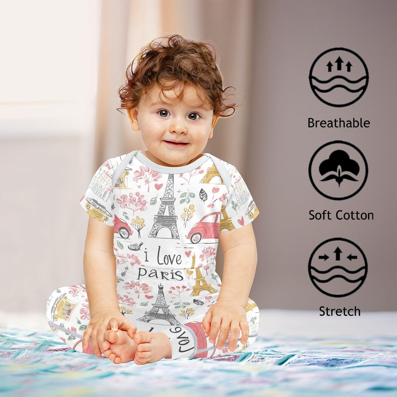 vvfelixl Baby Clothes Cartoon Love Paris Baby Bodysuits Set Unisex Short Sleeve Babys Pants Sets 0-3M