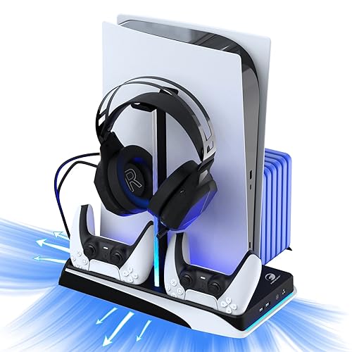Cooling Station with RGB for PS5,LANCUBE Stand with Cooling Fan and Controller Charger, Vertical Stand for PS5 Console with Headset Holder,for