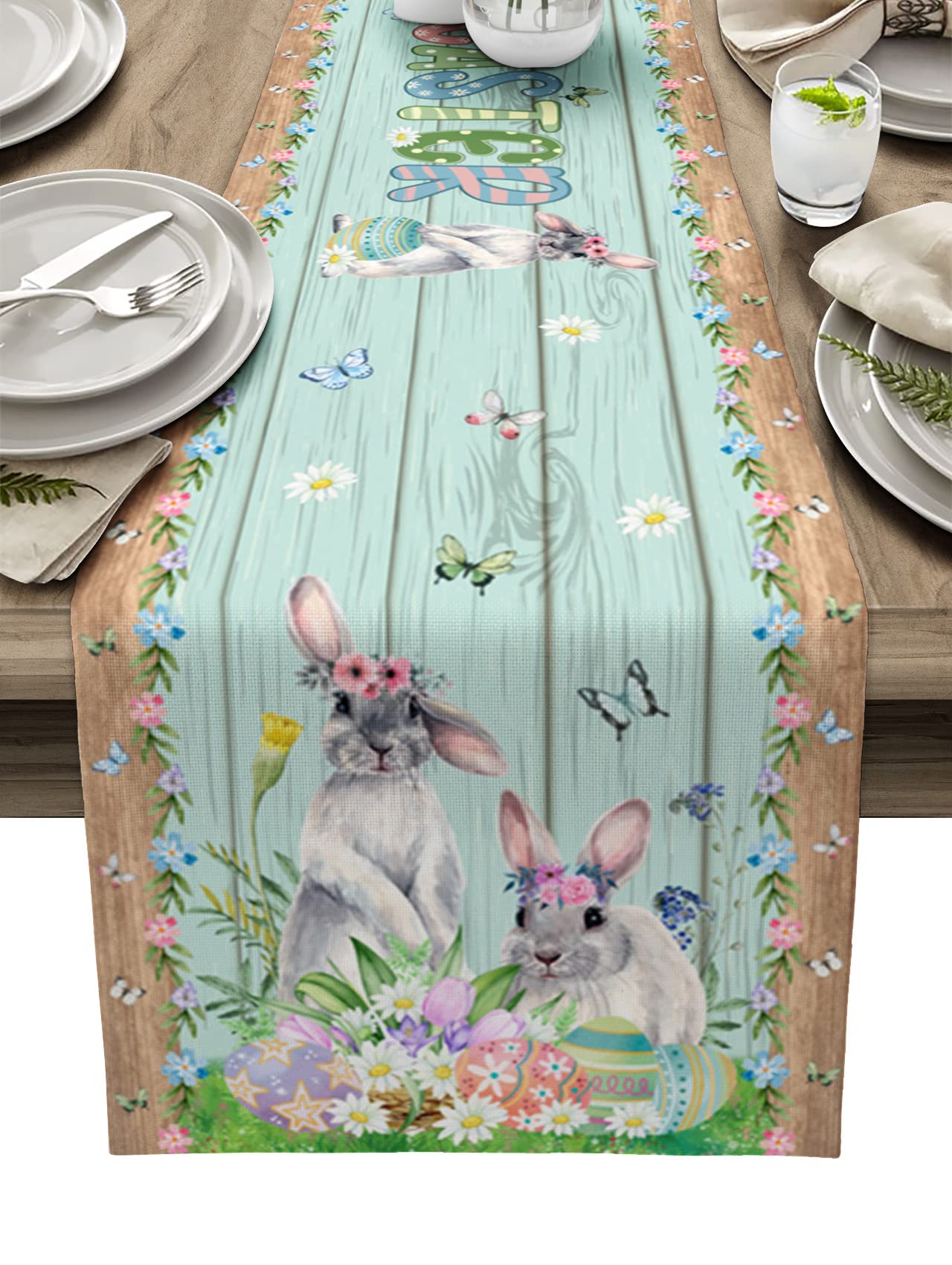 Easter Table Runner Bunny Easter Eggs Table Runners for Dining Room Spring Flower Seasonal Dinner Runner Kitchen Party Decor 13" x 90"