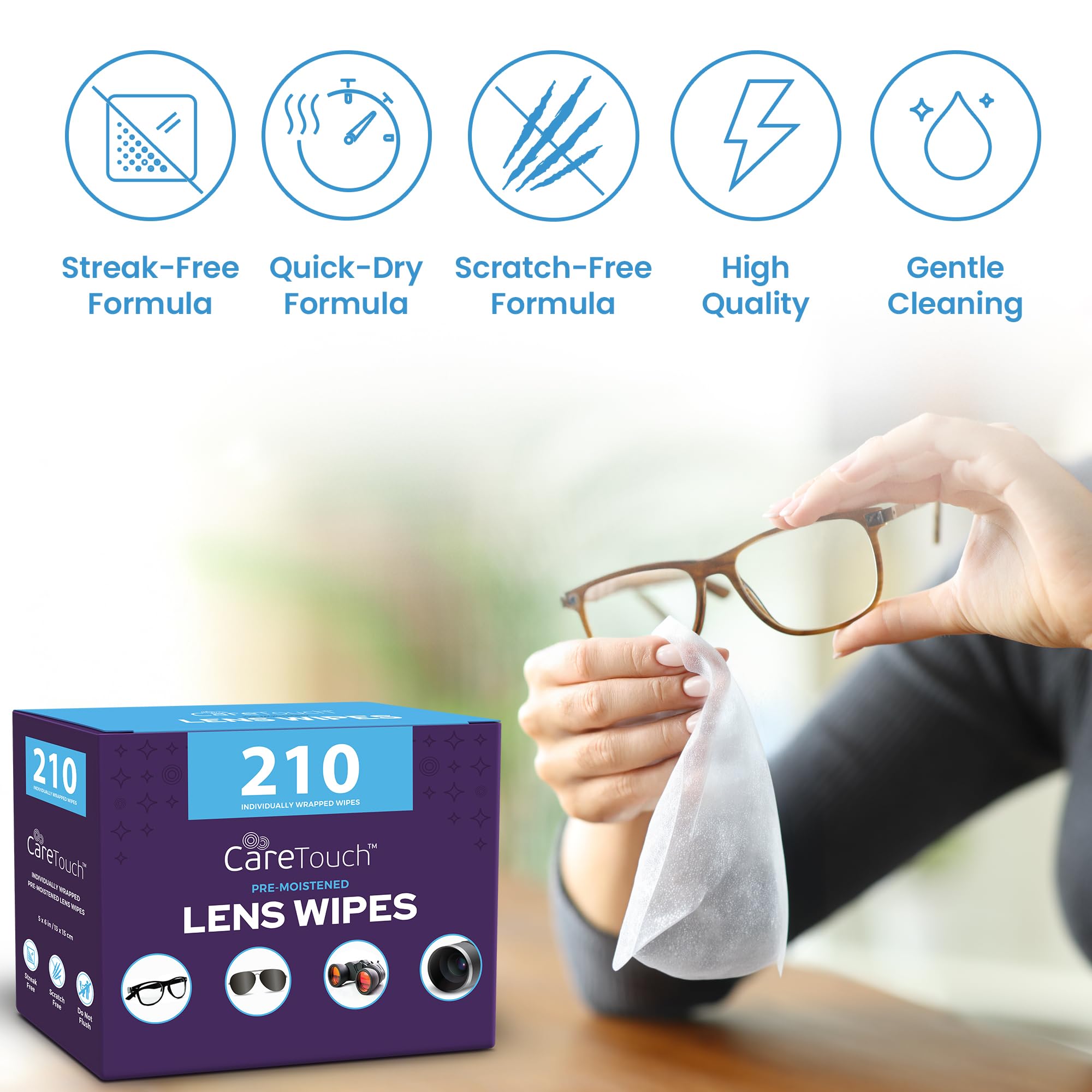 Care Touch Toallitas para lentes, 400 toallitas prehumedecidas envueltas individualmente, 5 x 6 pulgadas, limpiador de lentes de cámara, gafas de sol y gafas, suave y portátil para limpiar