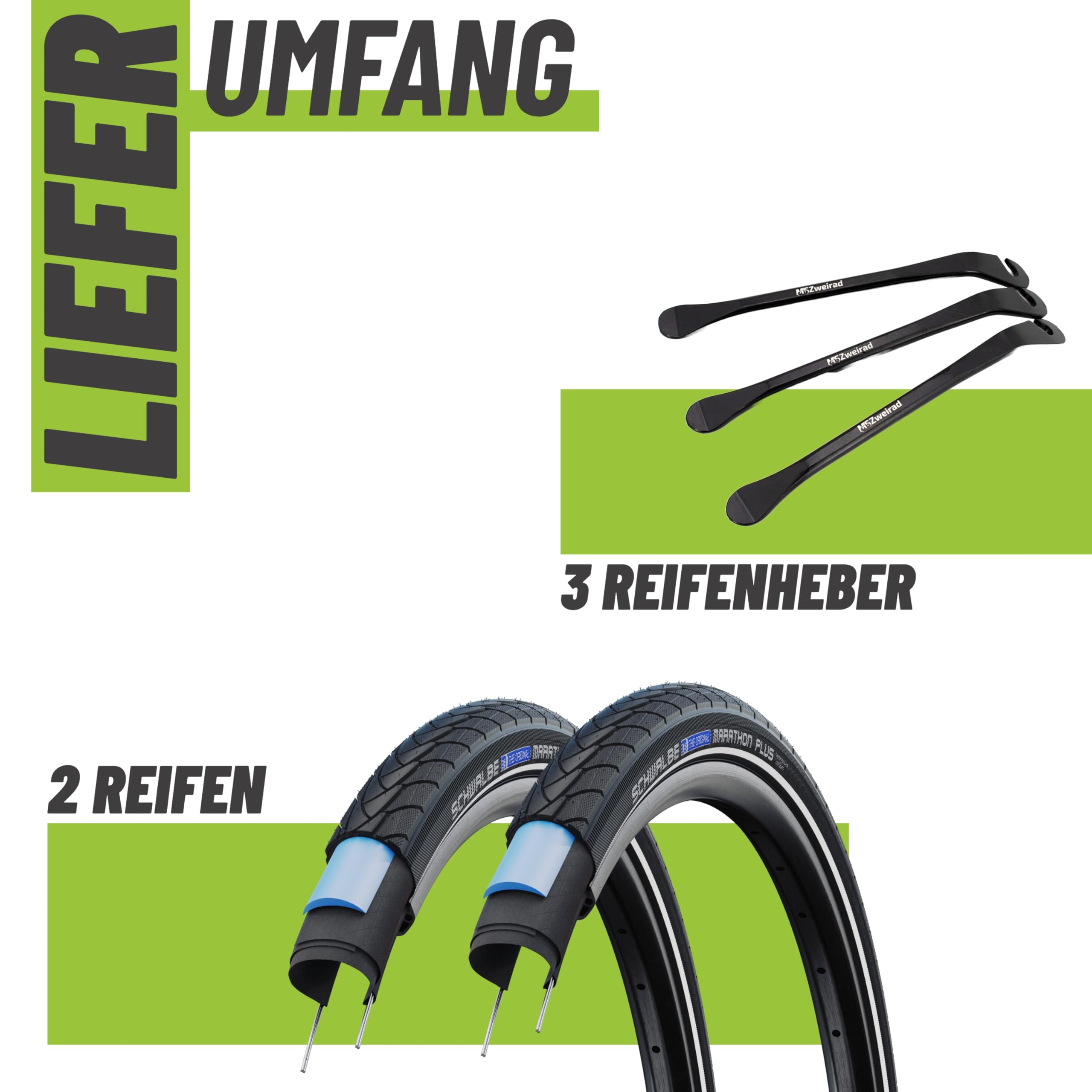 2er Set Schwalbe Reifen Marathon Plus 16 Zoll (35-349) Reflex auswählbar mit Schläuchen + 3 MSZweirad Reifenheber E Bike