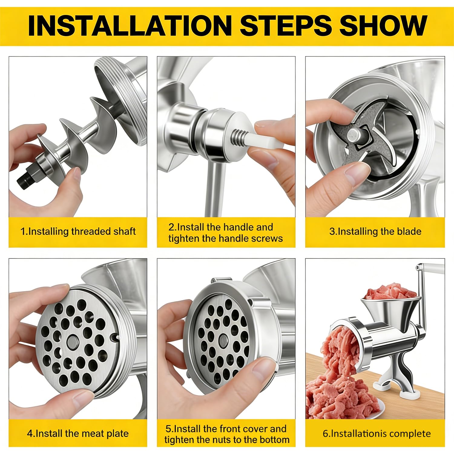 Molinillo manual multifuncional de acero inoxidable con manivela – Picadora de carne de alta resistencia, embutidora de salchichas, picadora de verduras y mezclador | Fácil de limpiar, piezas
