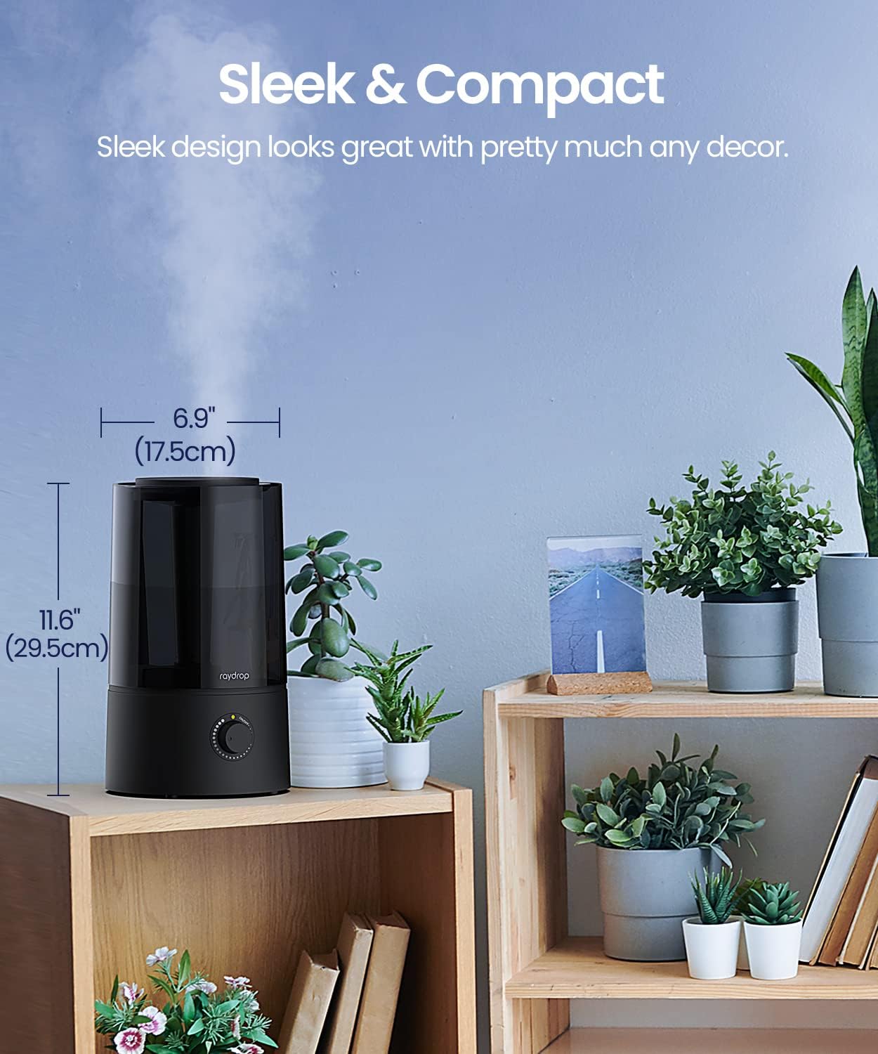 raydrop Humidificadores para dormitorio, humidificadores para el hogar y habitación grande, humidificadores de niebla fría para bebés y plantas, nivel de niebla ajustable, apagado automático, negro