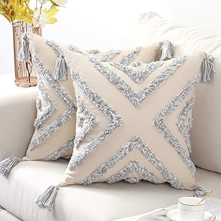 SUNBEAUTY Taie d'oreiller Coton Housse de Coussin 45x45 Boho Geometrique Brodé Decoratif avec Frange 2pcs Throw Pillowcase pour Maison Canape Salon Chambre Lit Bureau Voiture - Gris